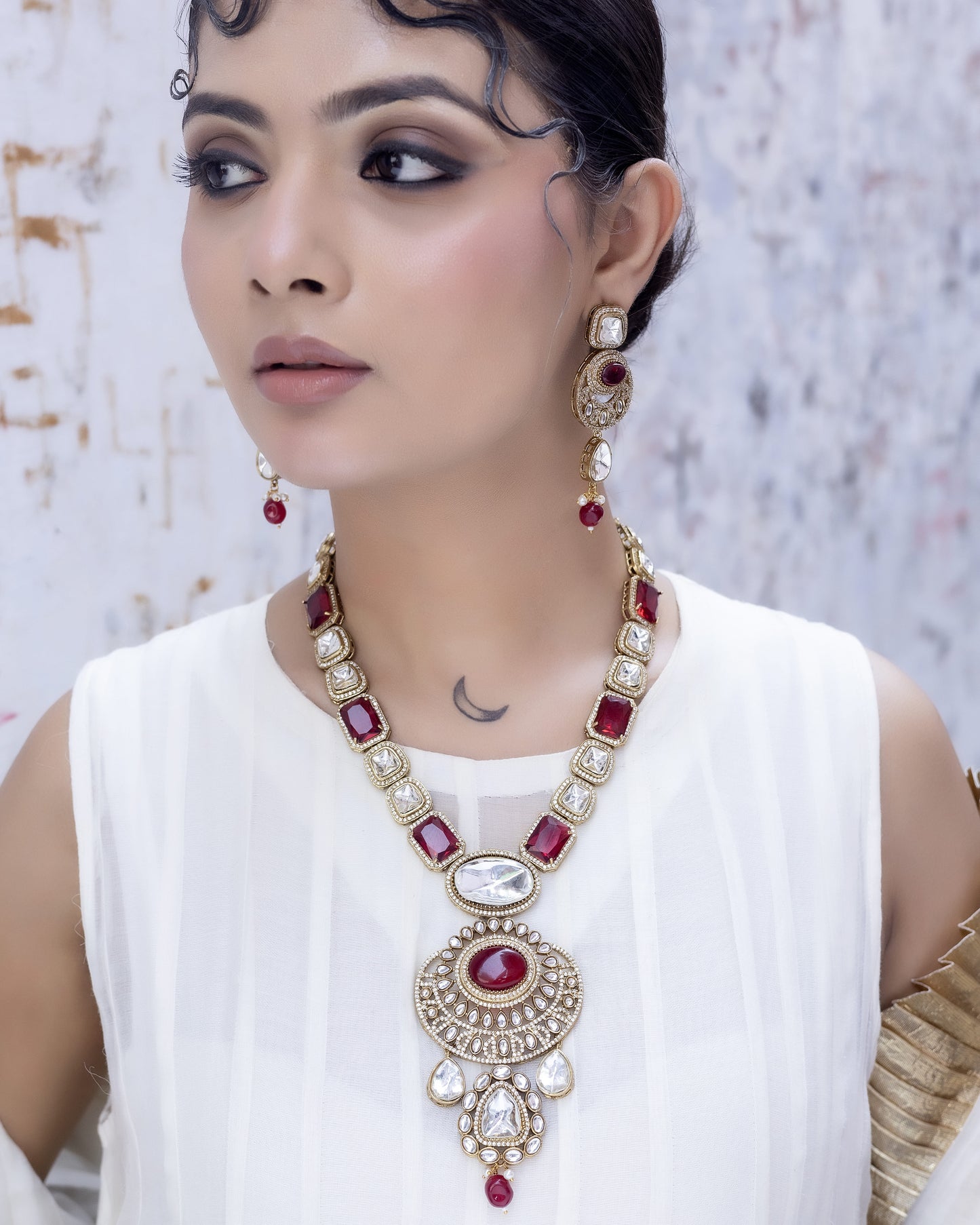 Rajputana - Traditional Red Long Polki Ensemble With Earrings