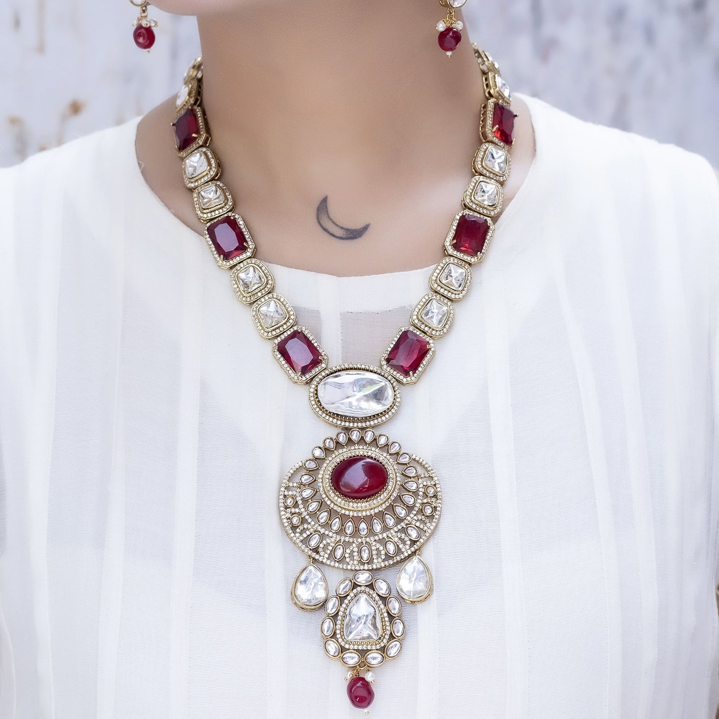 Rajputana - Traditional Red Long Polki Ensemble With Earrings