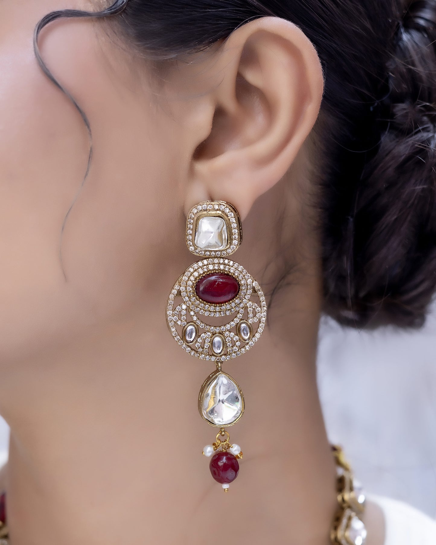 Rajputana - Traditional Red Long Polki Ensemble With Earrings