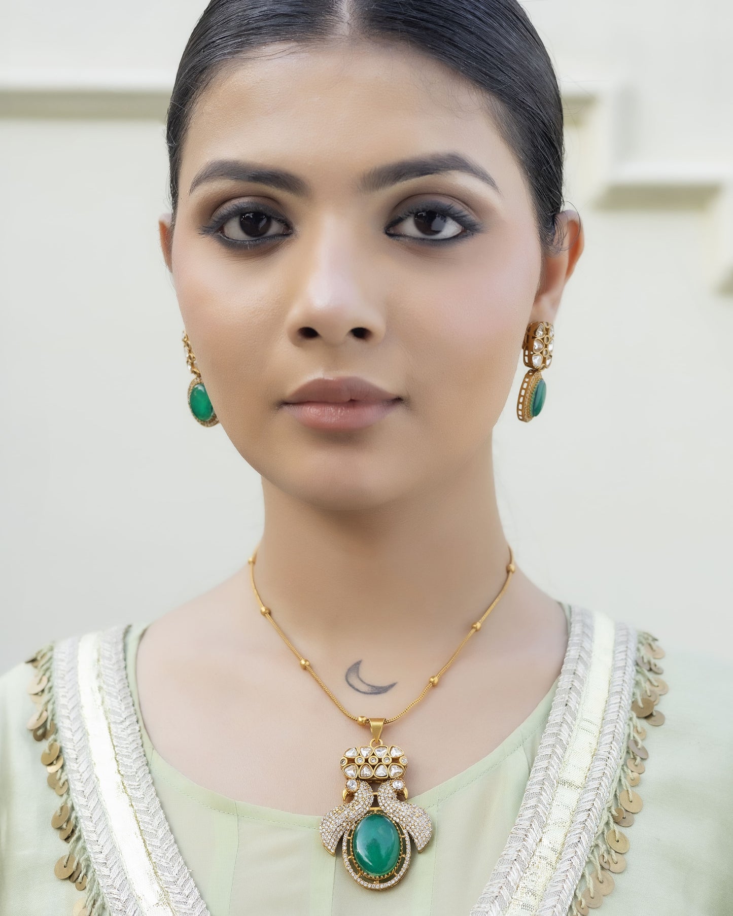 Aabharan - Polki Pendant Chain Set With Earrings