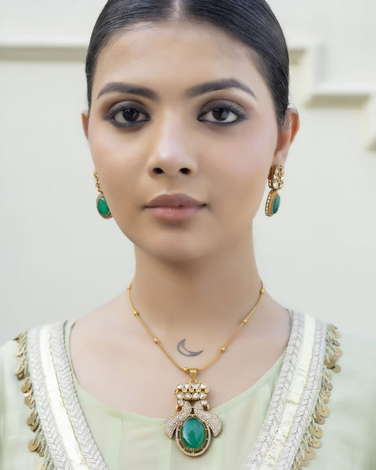Aabharan - Polki Pendant Chain Set With Earrings