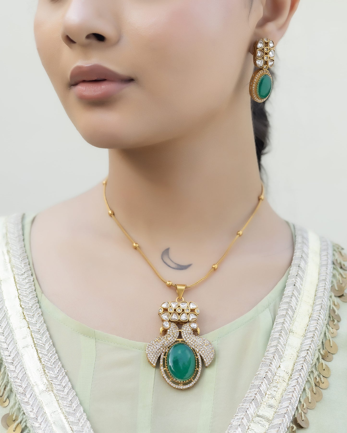 Aabharan - Polki Pendant Chain Set With Earrings