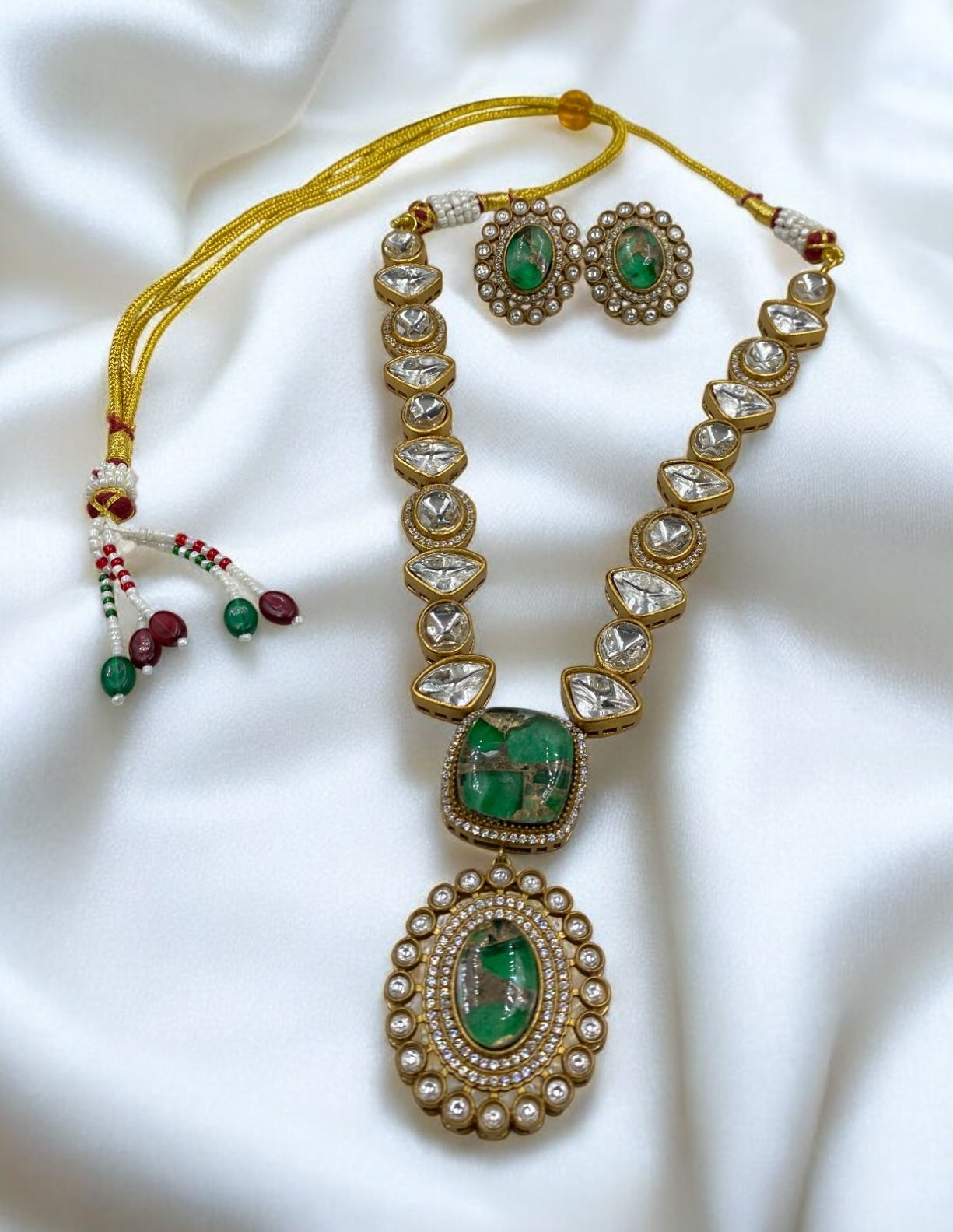 Kesar - Royal Long Polki Necklace Set With Earrings