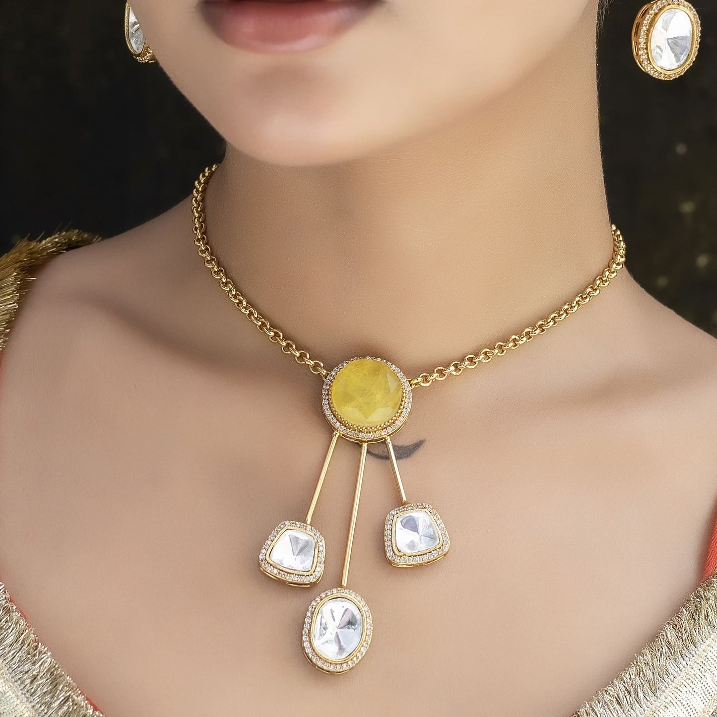 Swarna - Yellow Stone Chain Pendant Set with Earrings