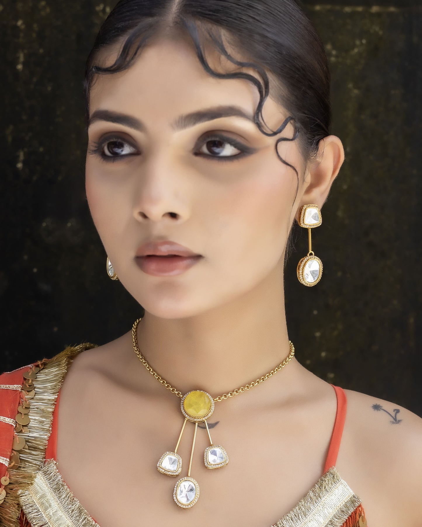 Swarna - Yellow Stone Chain Pendant Set with Earrings