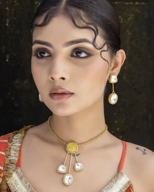 Swarna - Yellow Stone Chain Pendant Set with Earrings