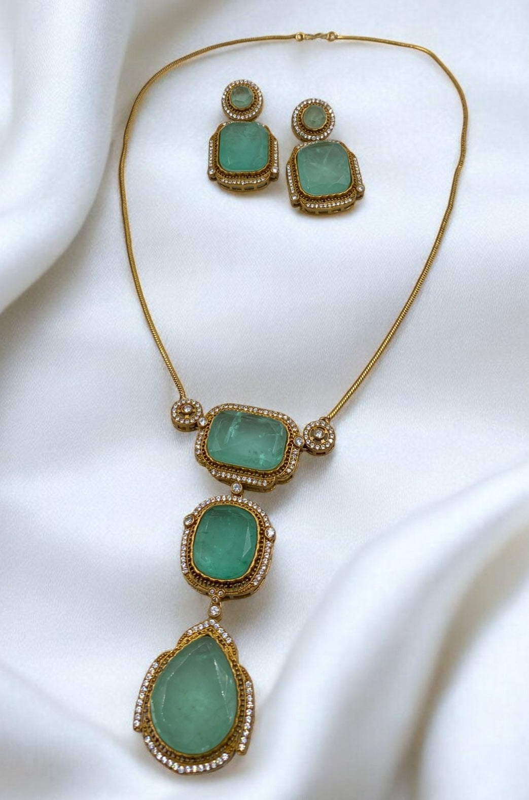 Swarna - Mint Green Stone Chain Pendant Set with Earrings