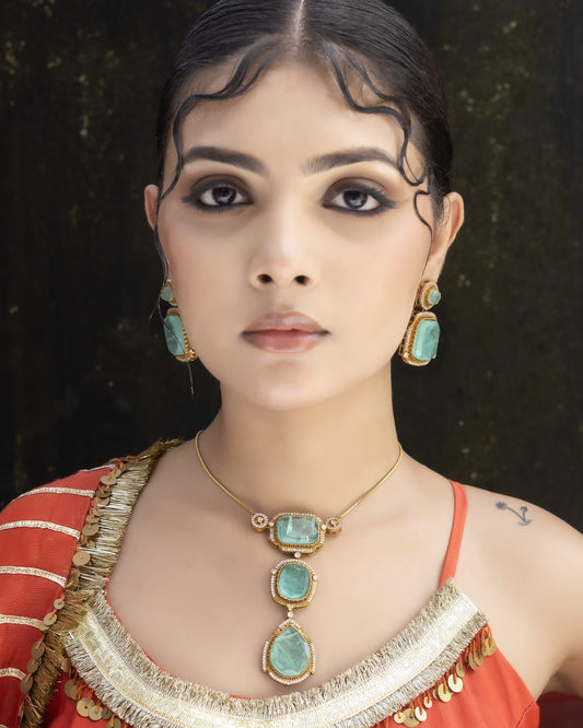 Swarna - Mint Green Stone Chain Pendant Set with Earrings