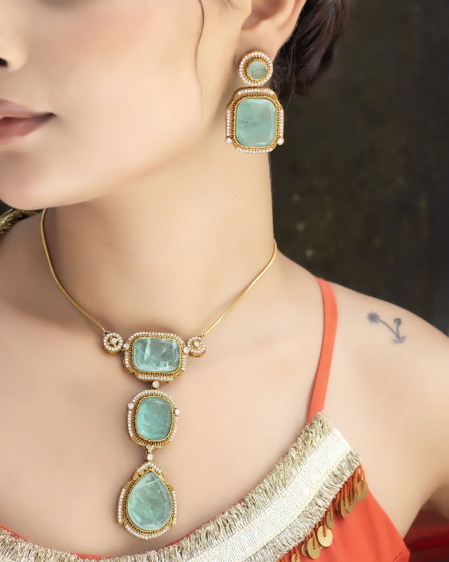 Swarna - Mint Green Stone Chain Pendant Set with Earrings