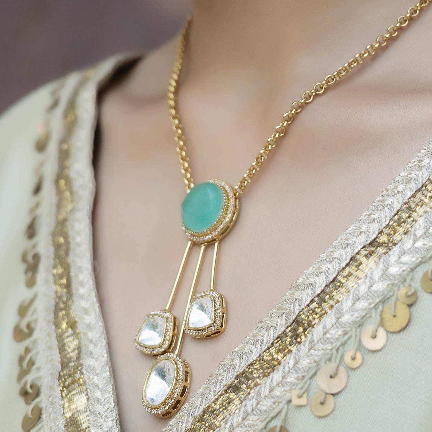 Zeenat - Mint Green Chain Necklace Set With Earrings