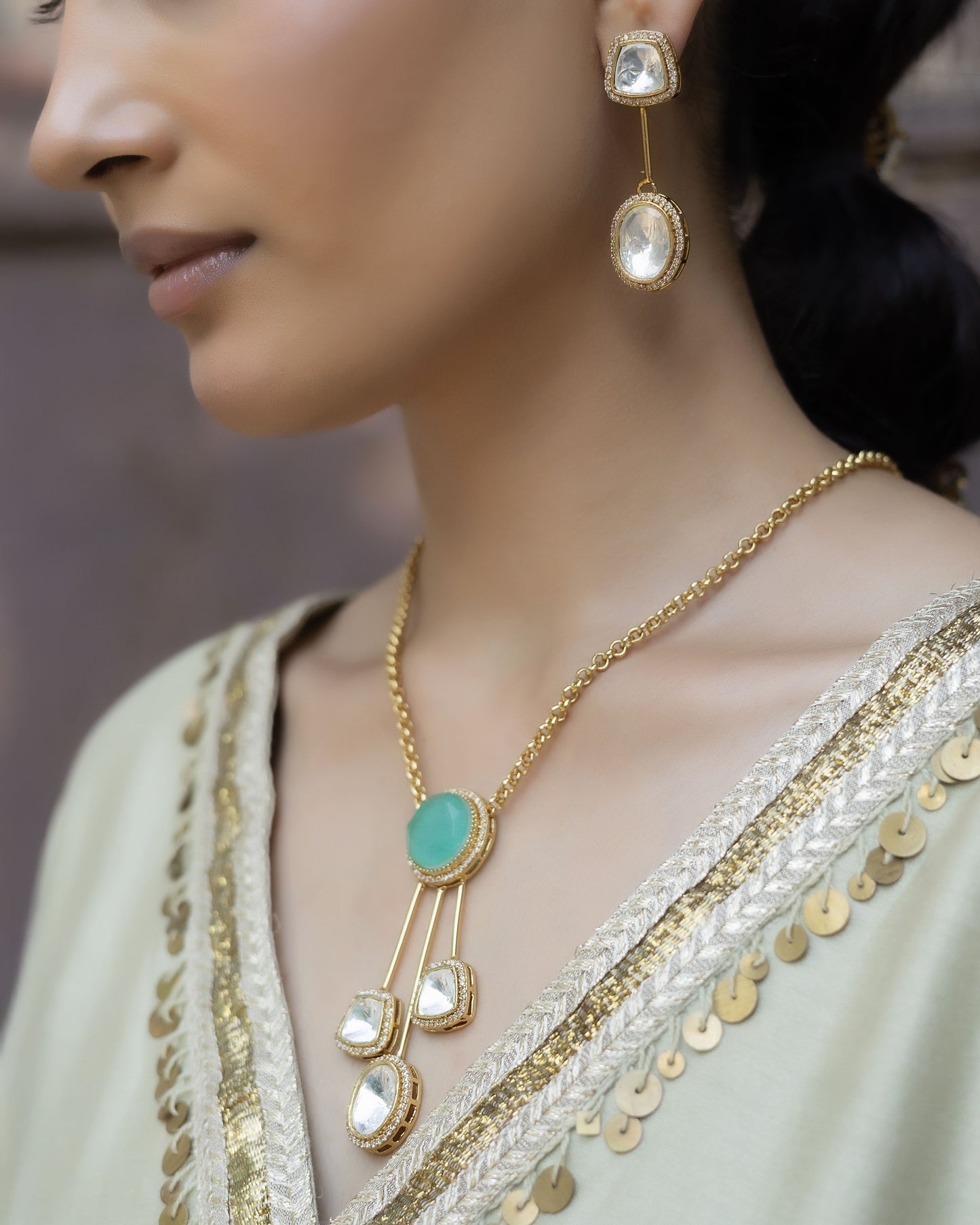Zeenat - Mint Green Chain Necklace Set With Earrings