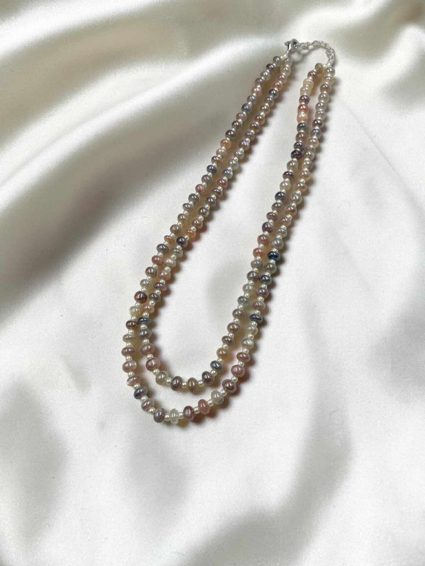 CRYSTAL MOONSTONE & SHELL PEARL DOUBLE LINE NECKLACE