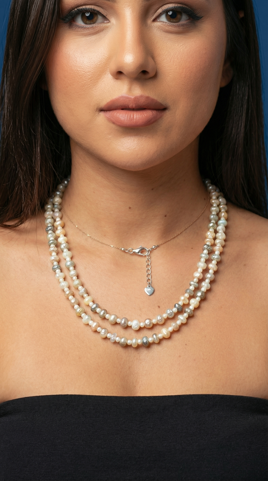 CRYSTAL MOONSTONE & SHELL PEARL DOUBLE LINE NECKLACE