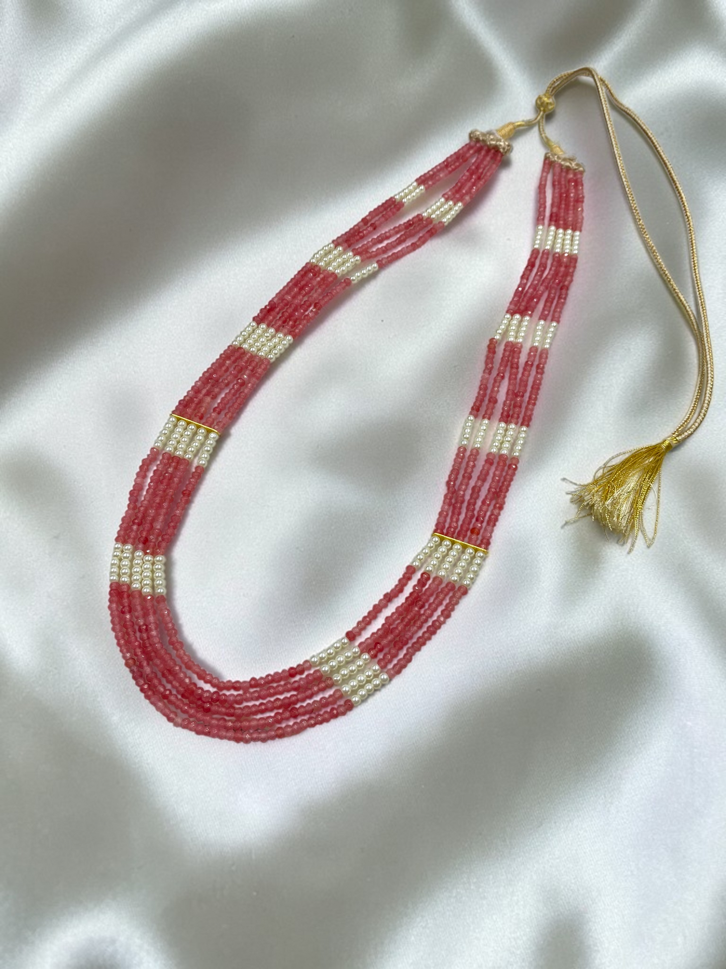 5 LINE PINK BEADS AND WHITE SHELL PERAL NECKLACE