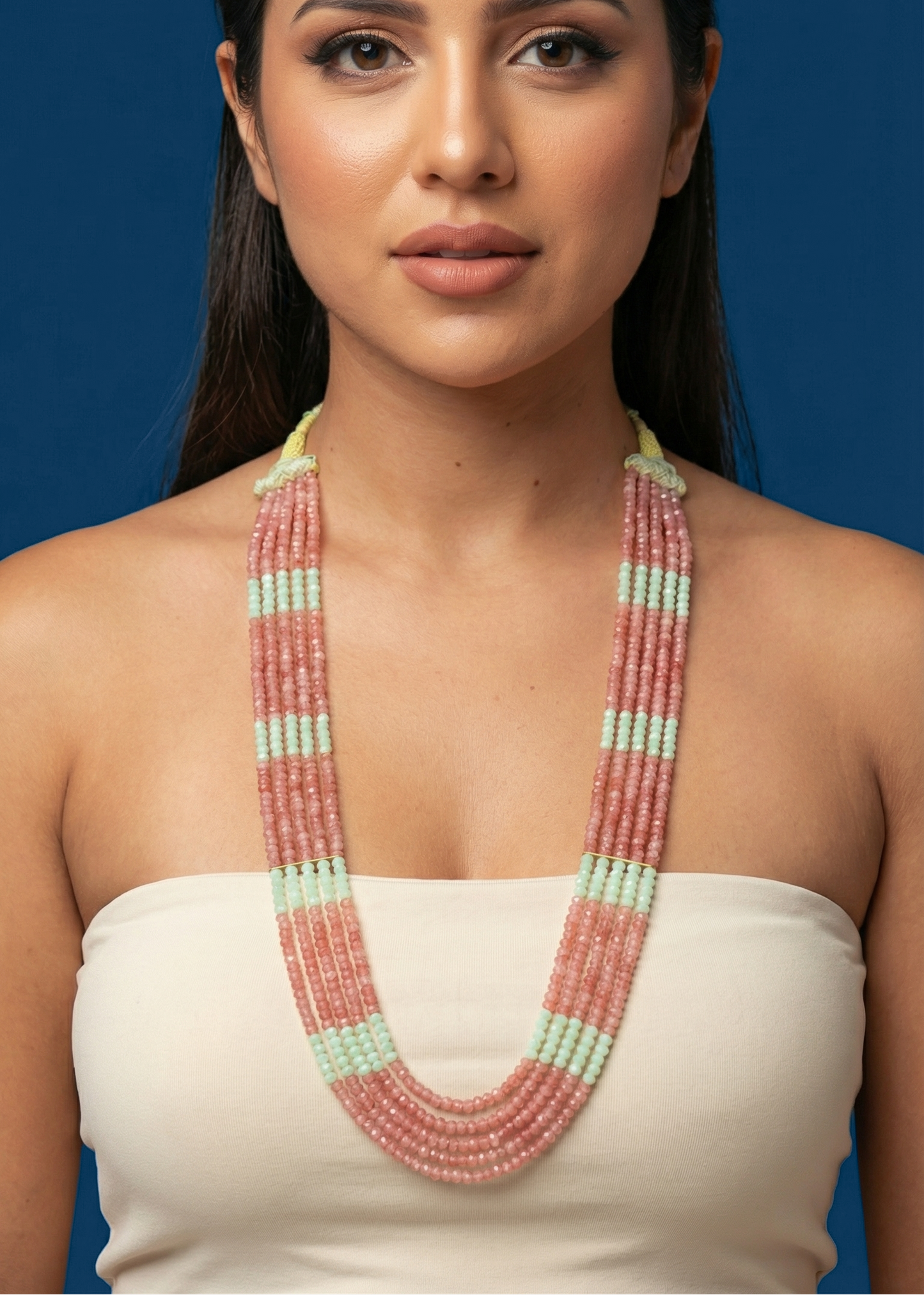5 LINE PINK BEADS AND WHITE SHELL PERAL NECKLACE