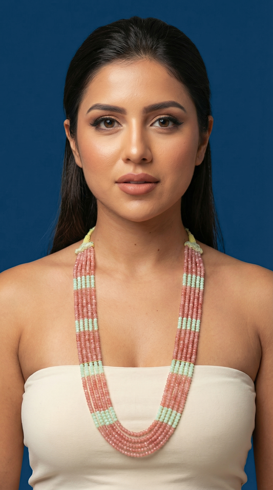 5 LINE PINK BEADS AND WHITE SHELL PERAL NECKLACE