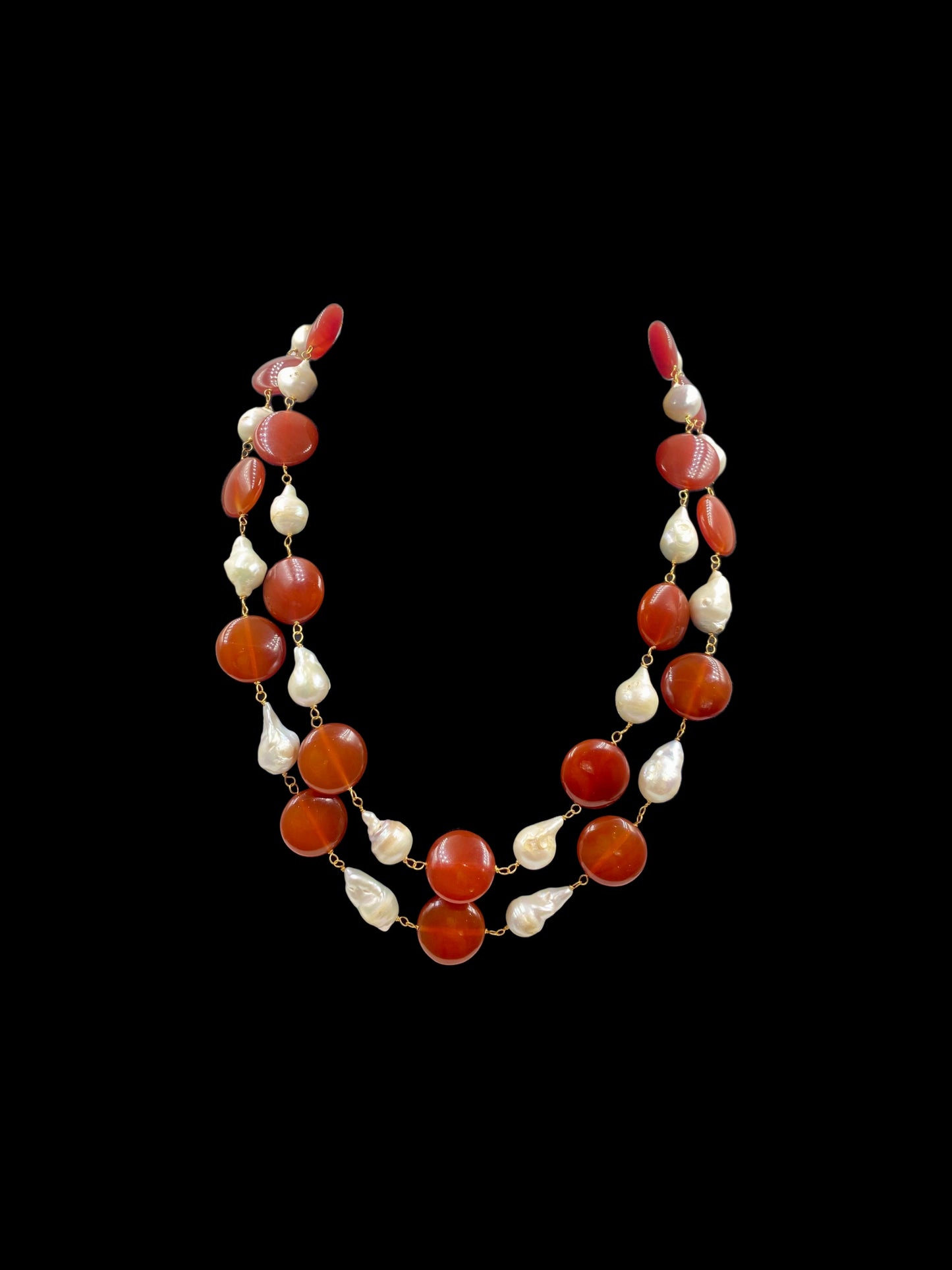DOUBLE LINE FRESHWATER PEARL AND COIN BEADS WESTERN NECKLACE