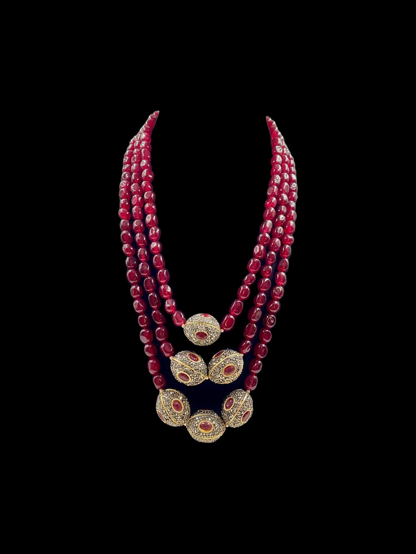 TRIPLE LINE RED QUARTZ & CRYTAL BALLS LONG NECKLACE WITH EARRINGS