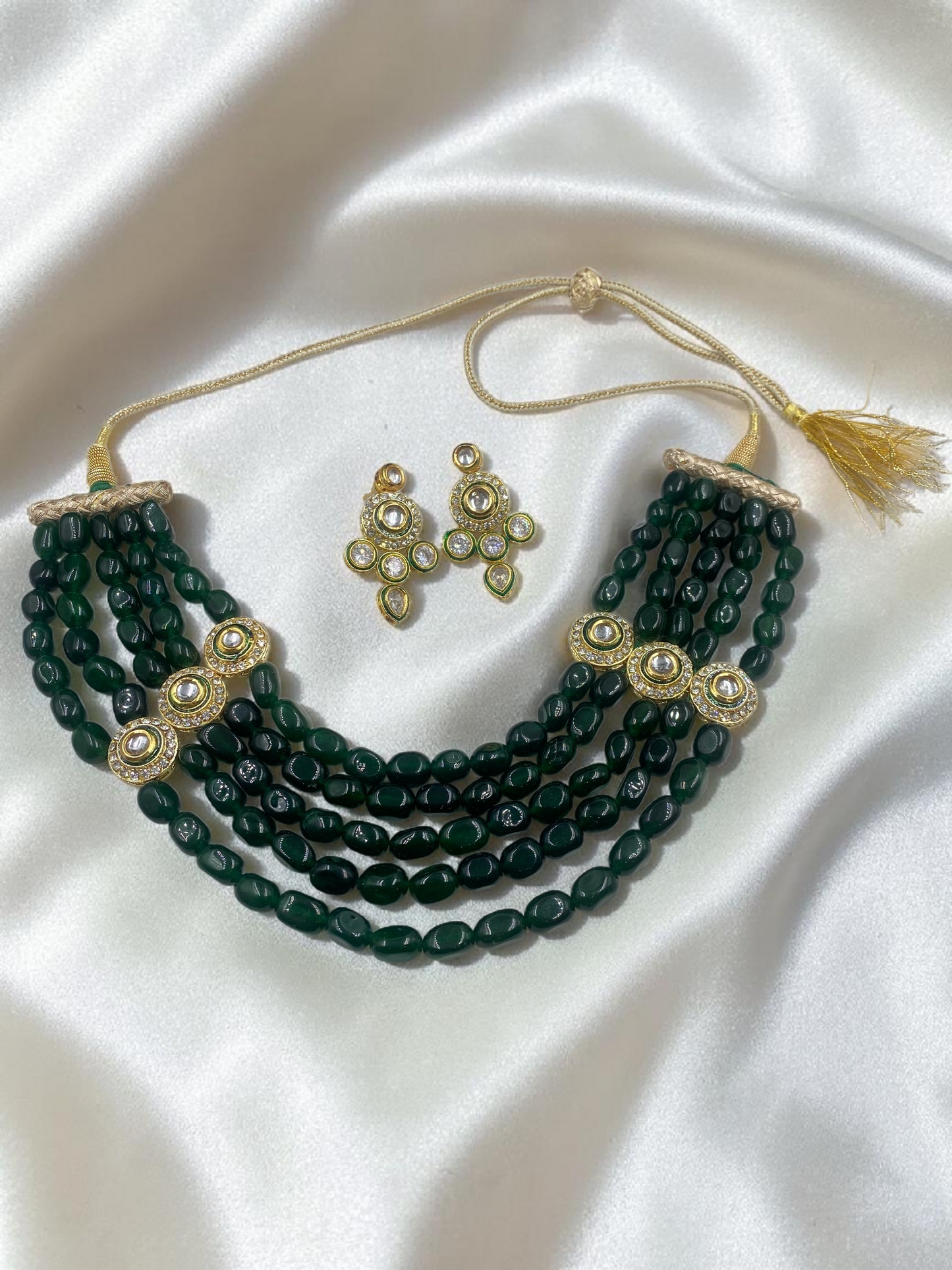 GREEN QUARTZ AND POLKI SHORT NECKLACE WITH EARRINGS