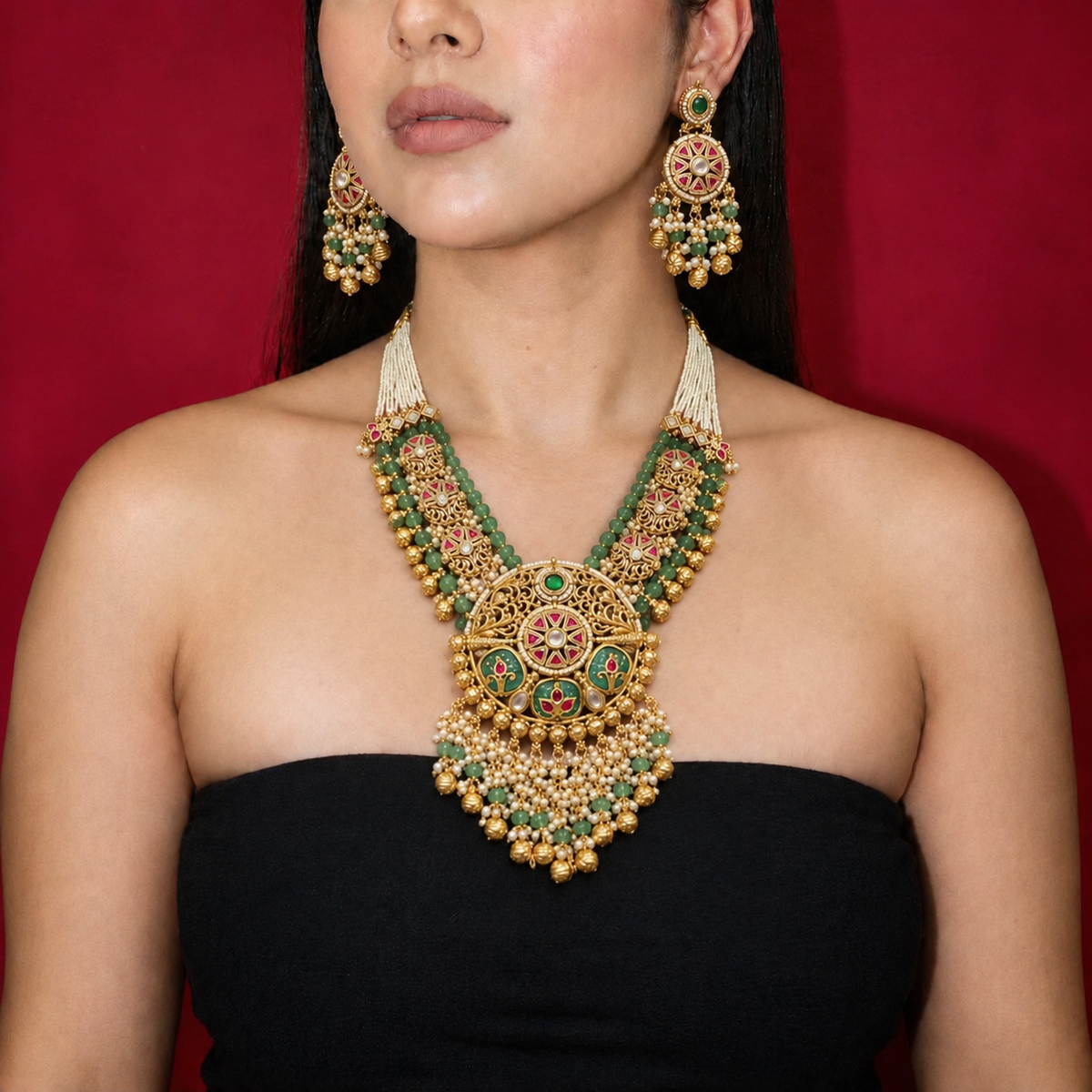 TEMPLE LONG MINT GREEN & PEARL NECKLACE WITH EARRINGS
