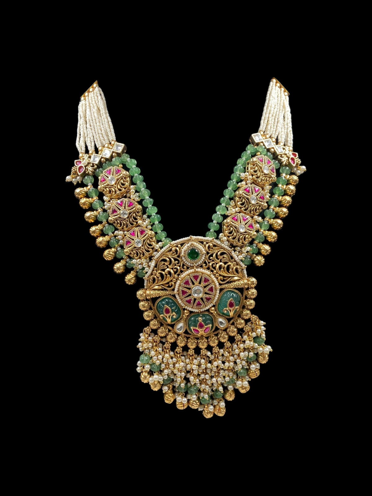 TEMPLE LONG MINT GREEN & PEARL NECKLACE WITH EARRINGS