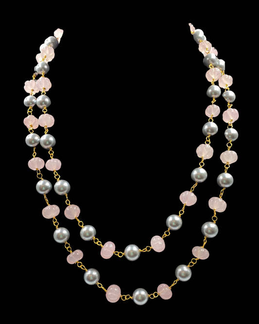 Double Line Rose Quartz and Grey Shell Pearl Elegant Necklace