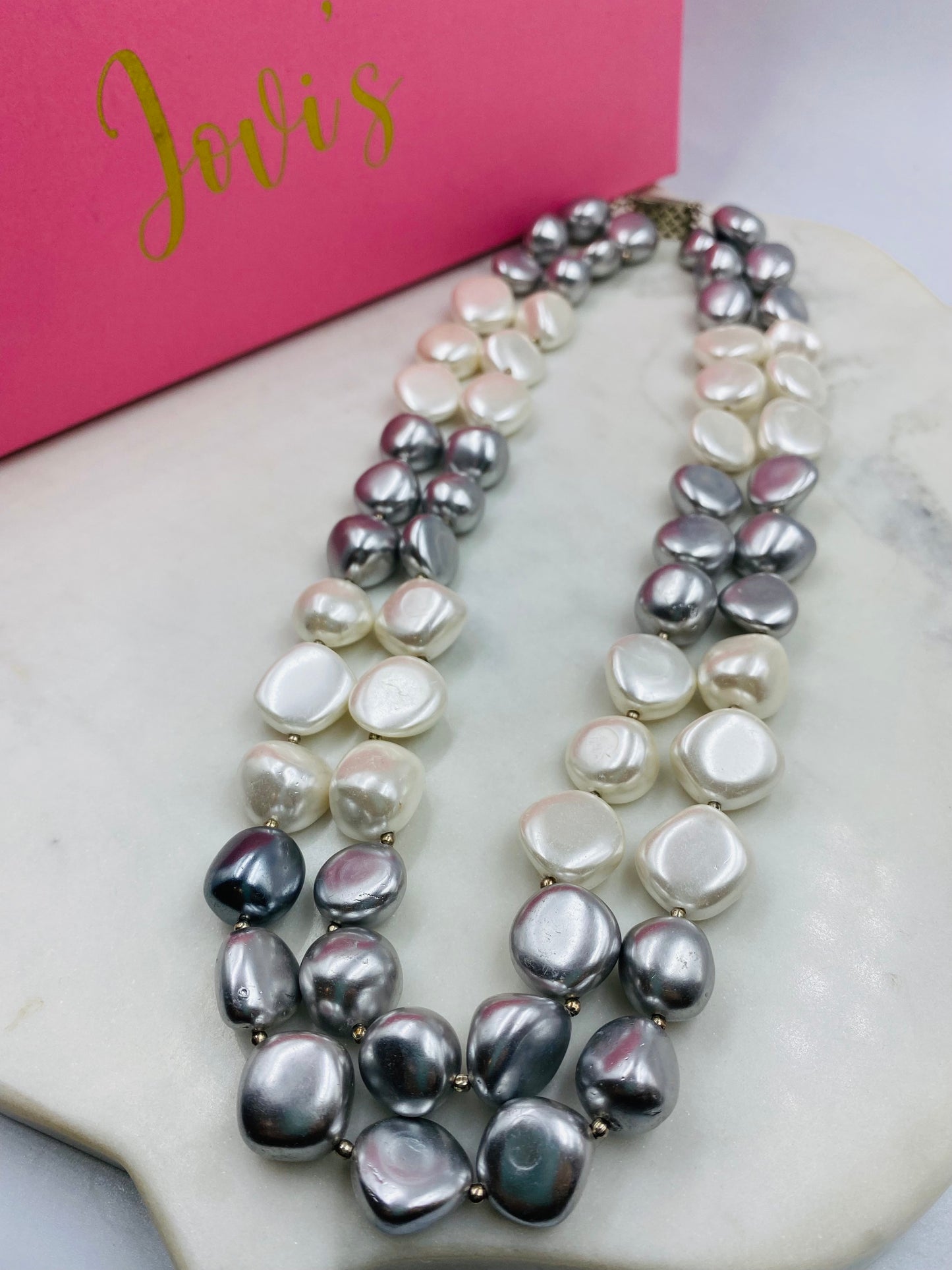 Double Line Grey and White Shell Pearl Necklace