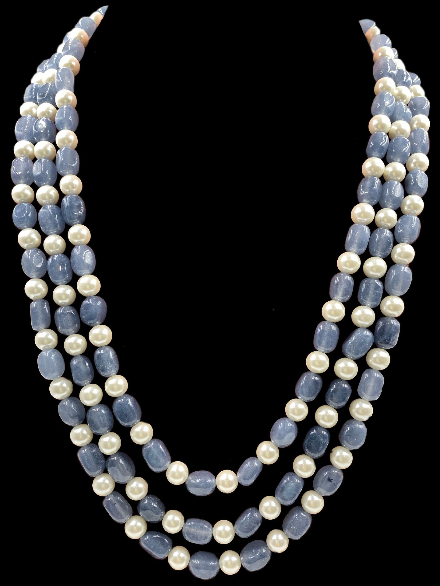 Triple Line Grey Quartz and Shell Pearl Necklace