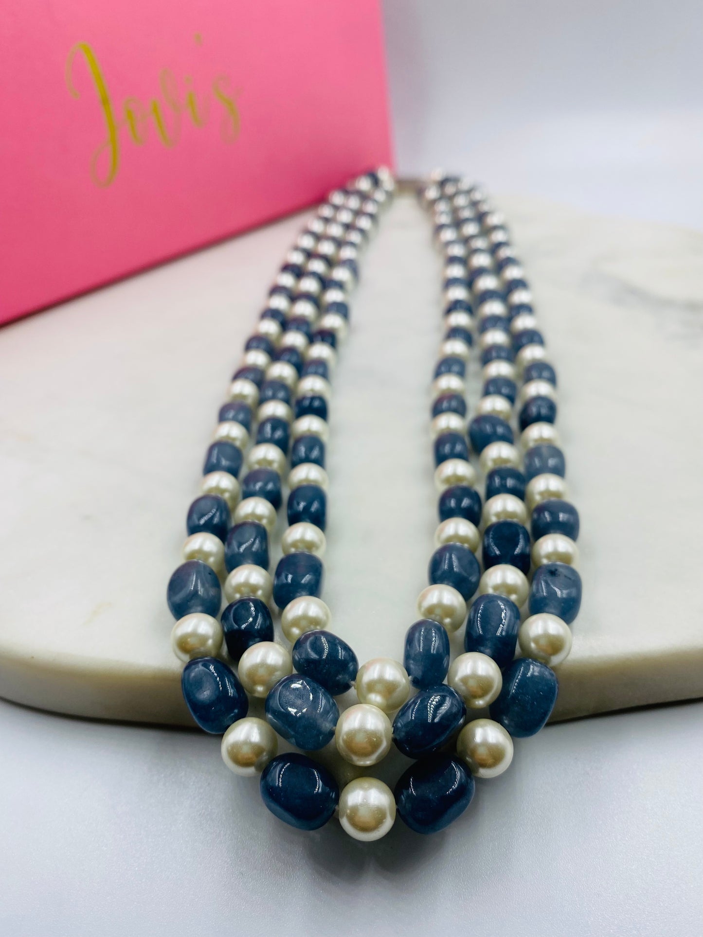 Triple Line Grey Quartz and Shell Pearl Necklace