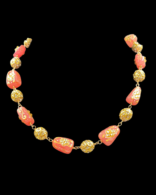 Traditional Orange Meenakari Semiprecious Beads Necklace with Golden Accents