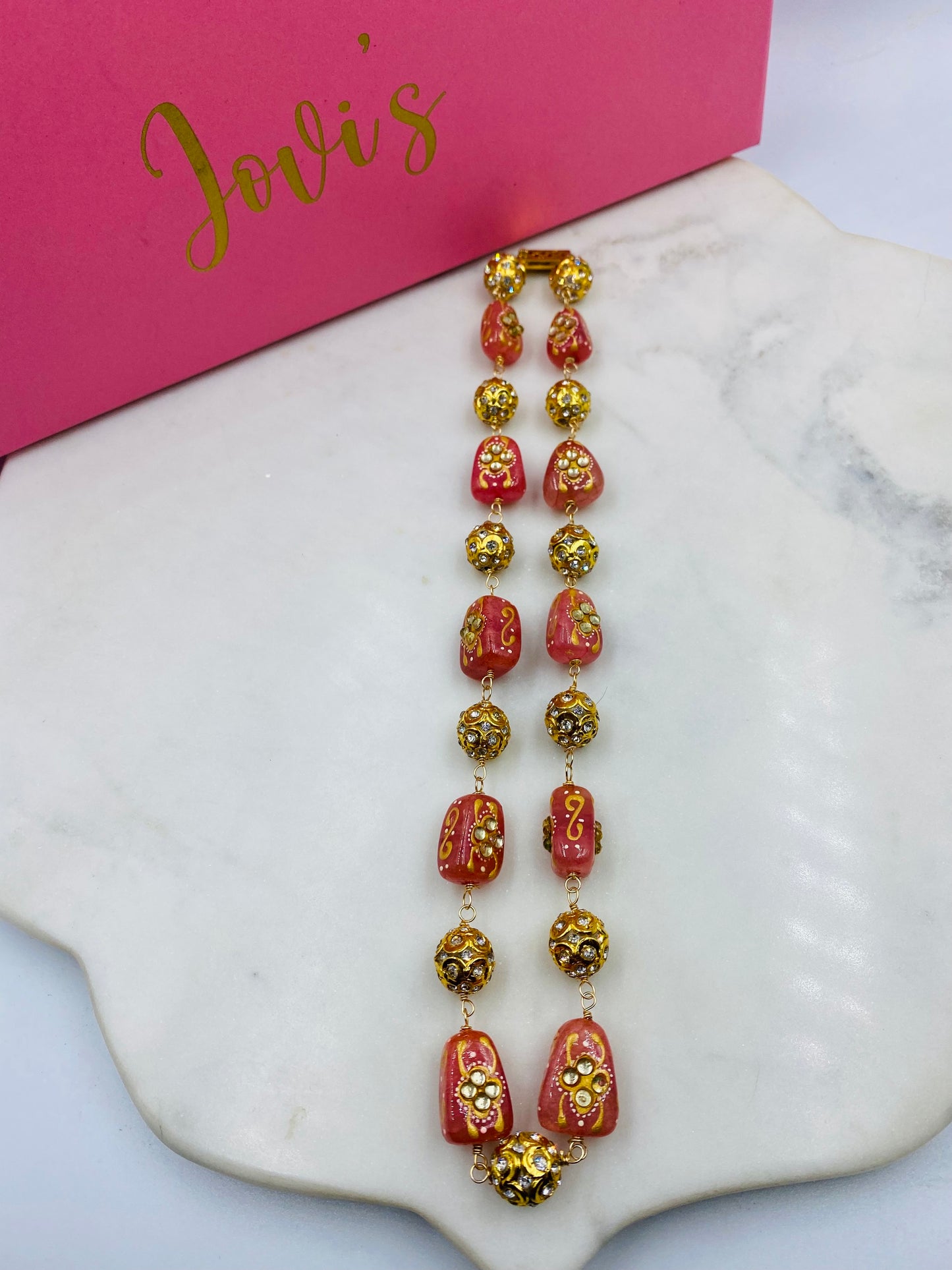 Traditional Orange Meenakari Semiprecious Beads Necklace with Golden Accents