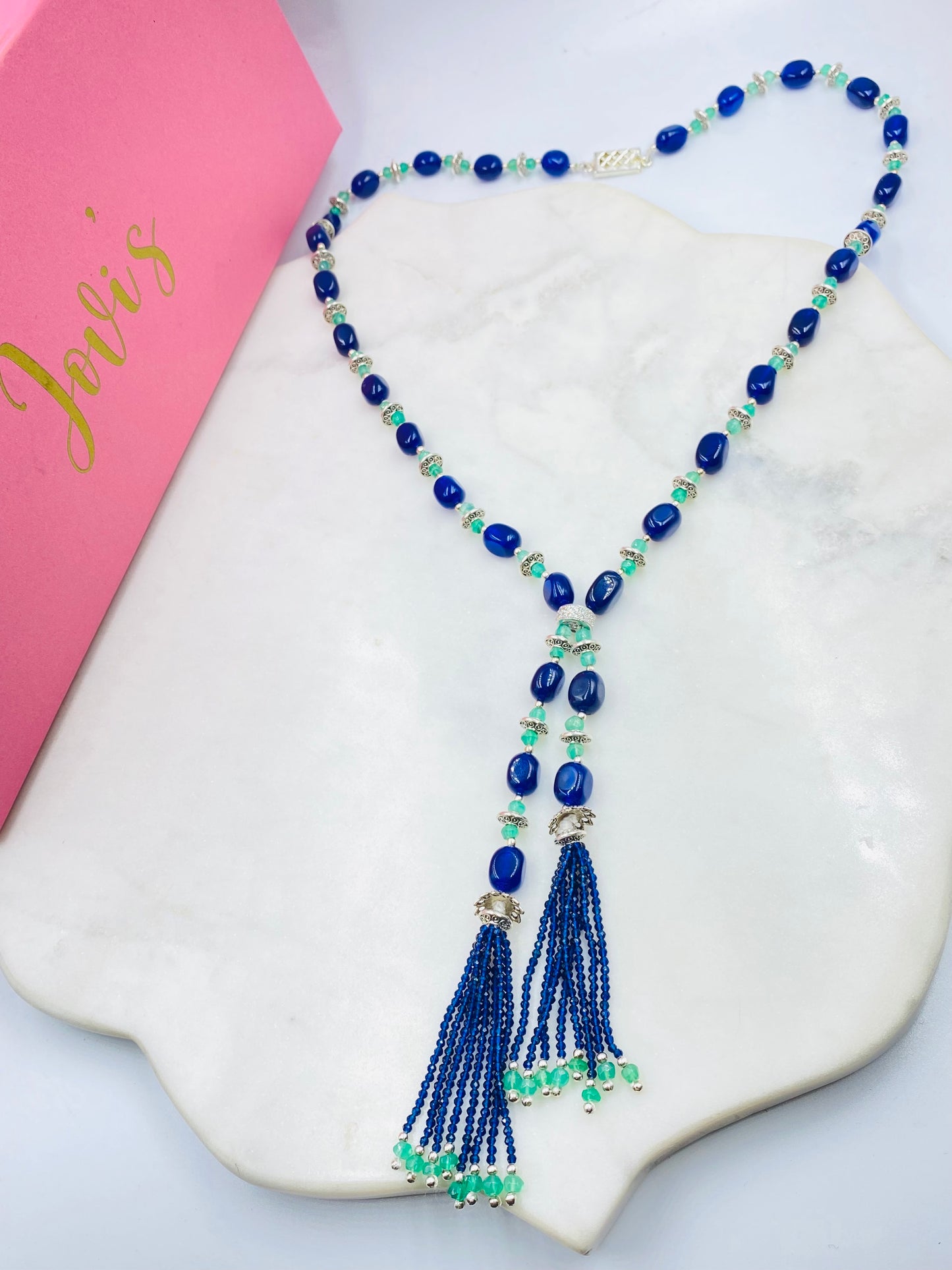 Single Line Blue Quartz and Green Onyx Long Necklace with Tassels