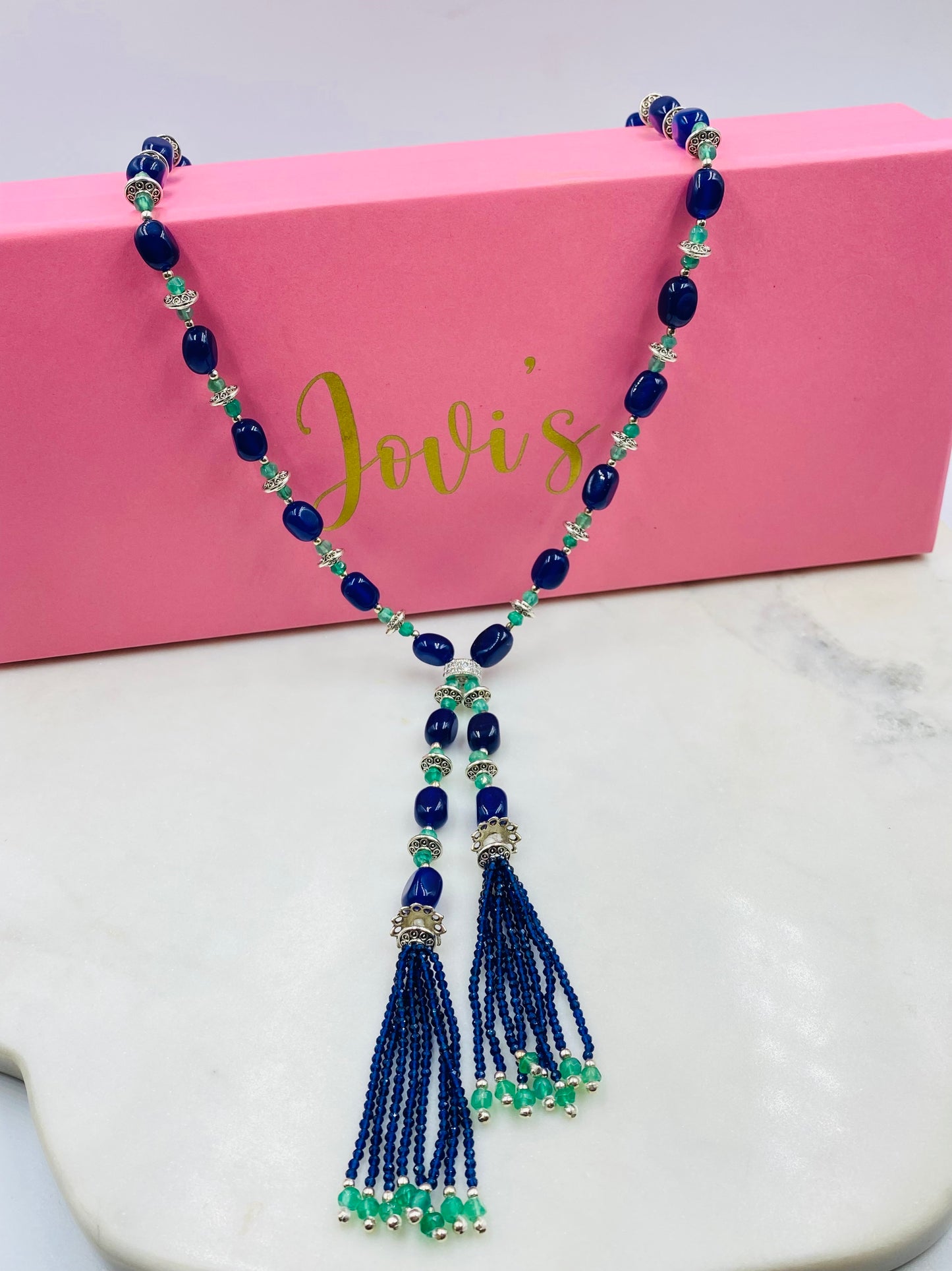 Single Line Blue Quartz and Green Onyx Long Necklace with Tassels