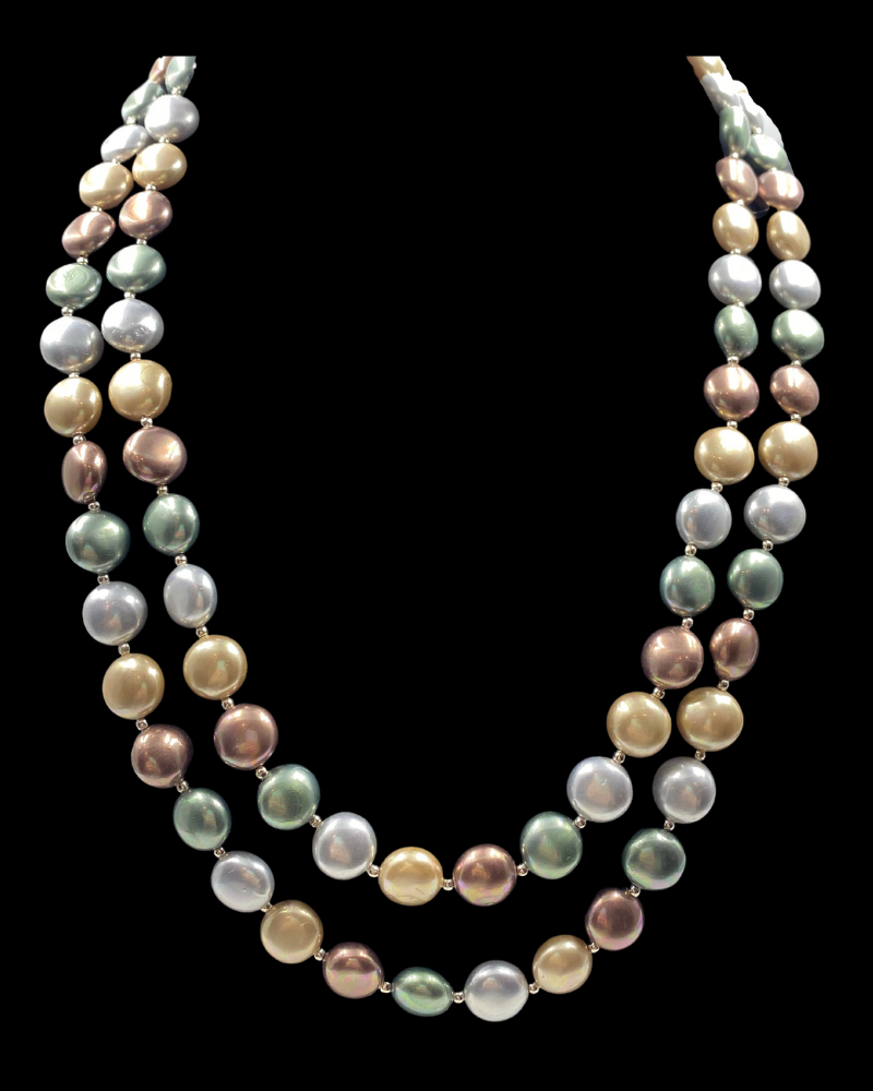 Double Line Multicolor Coin Shell Pearl Necklace