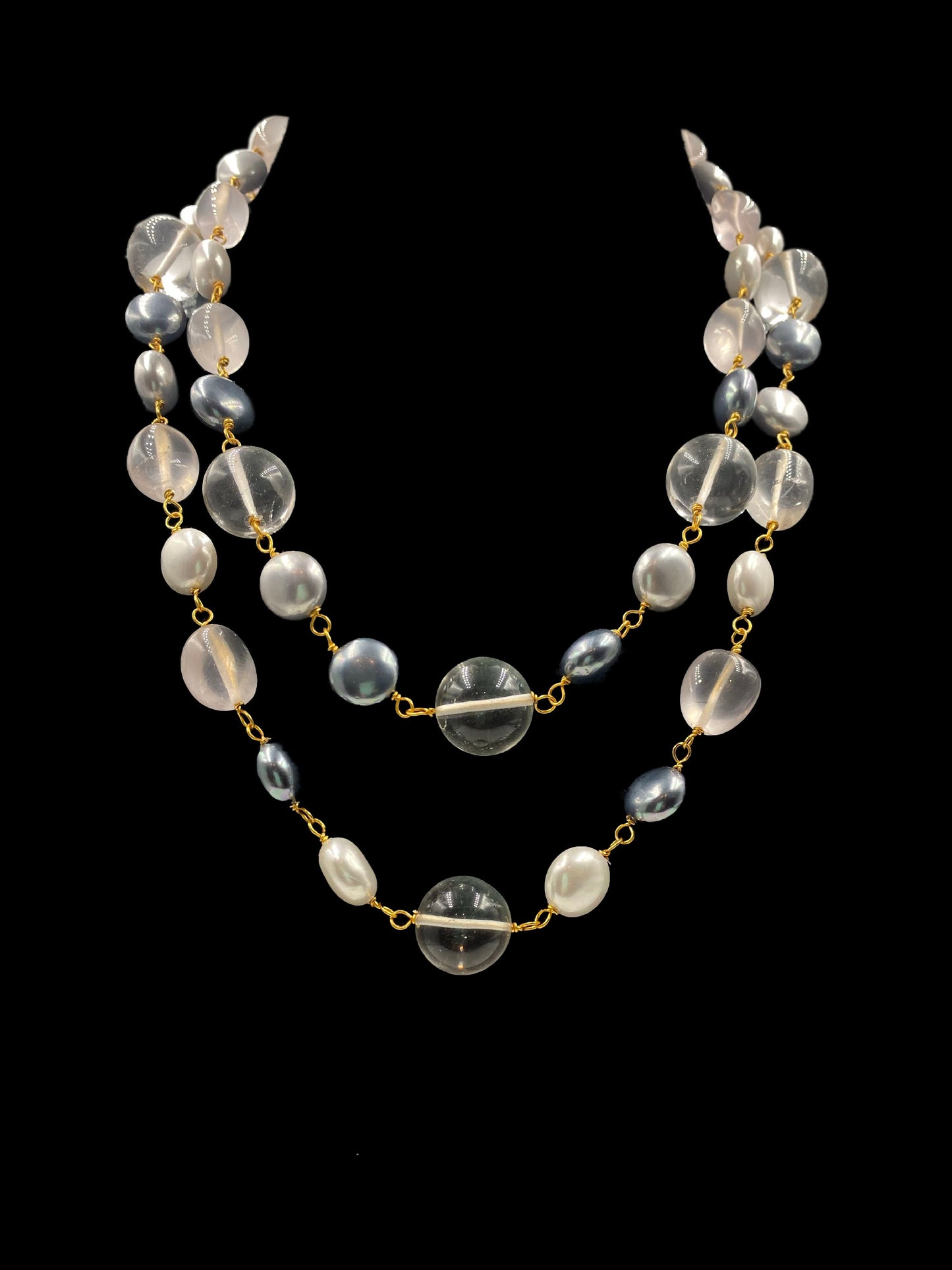 Crystal, Rose Quartz and Shell Pearl Double Line Necklace