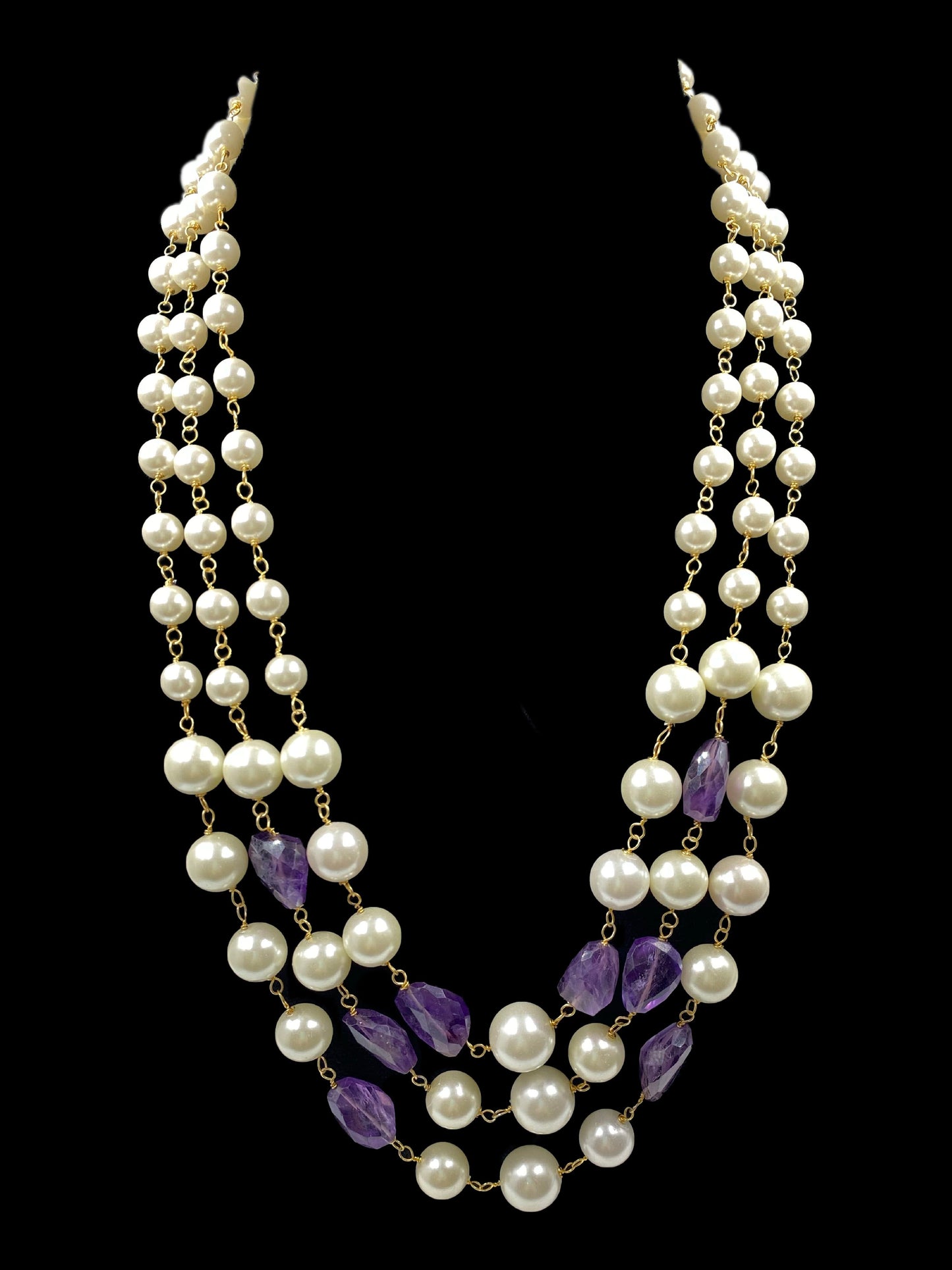 Shell Pearls and Amethyst Triple Line Necklace