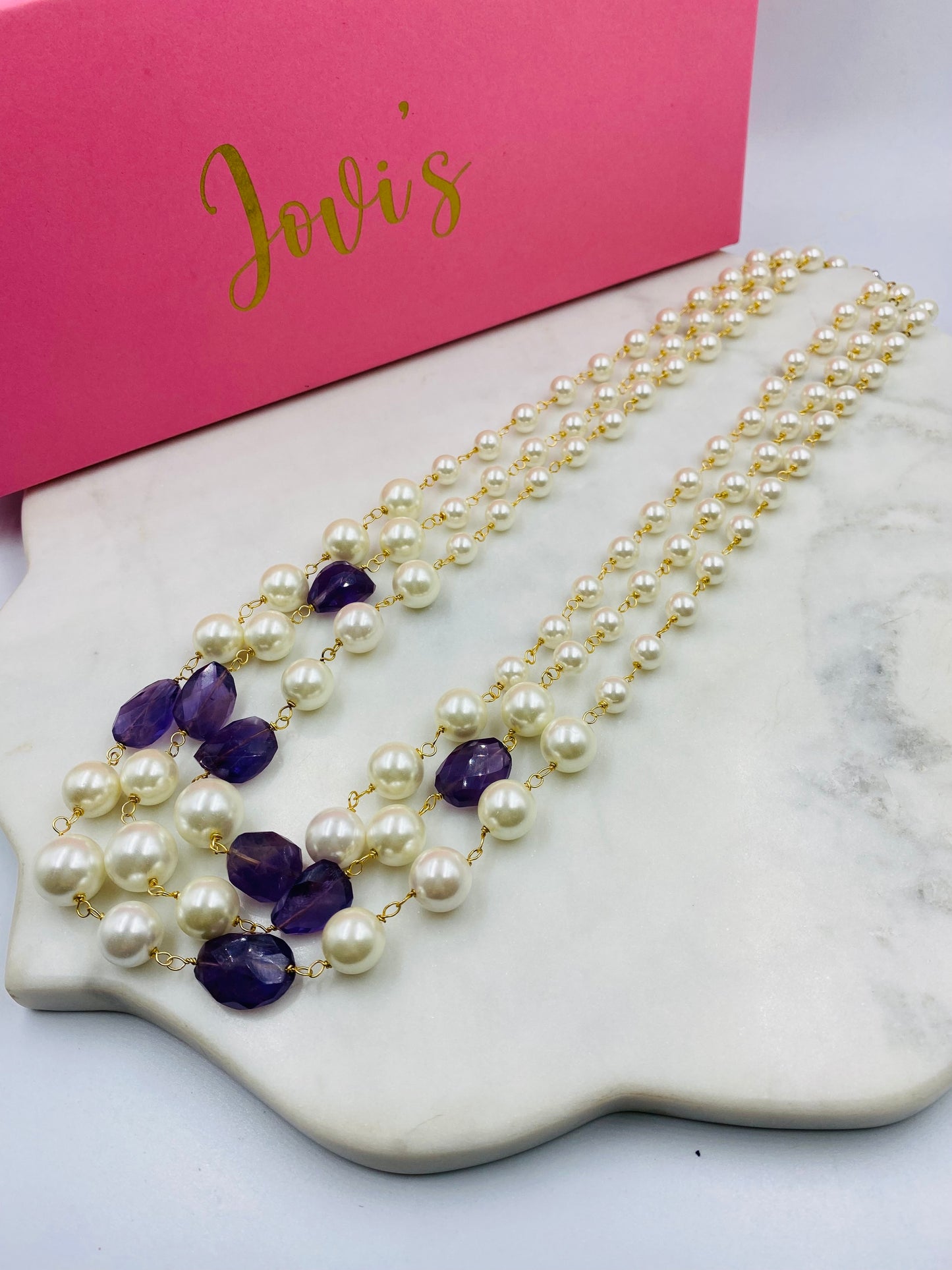 Shell Pearls and Amethyst Triple Line Necklace