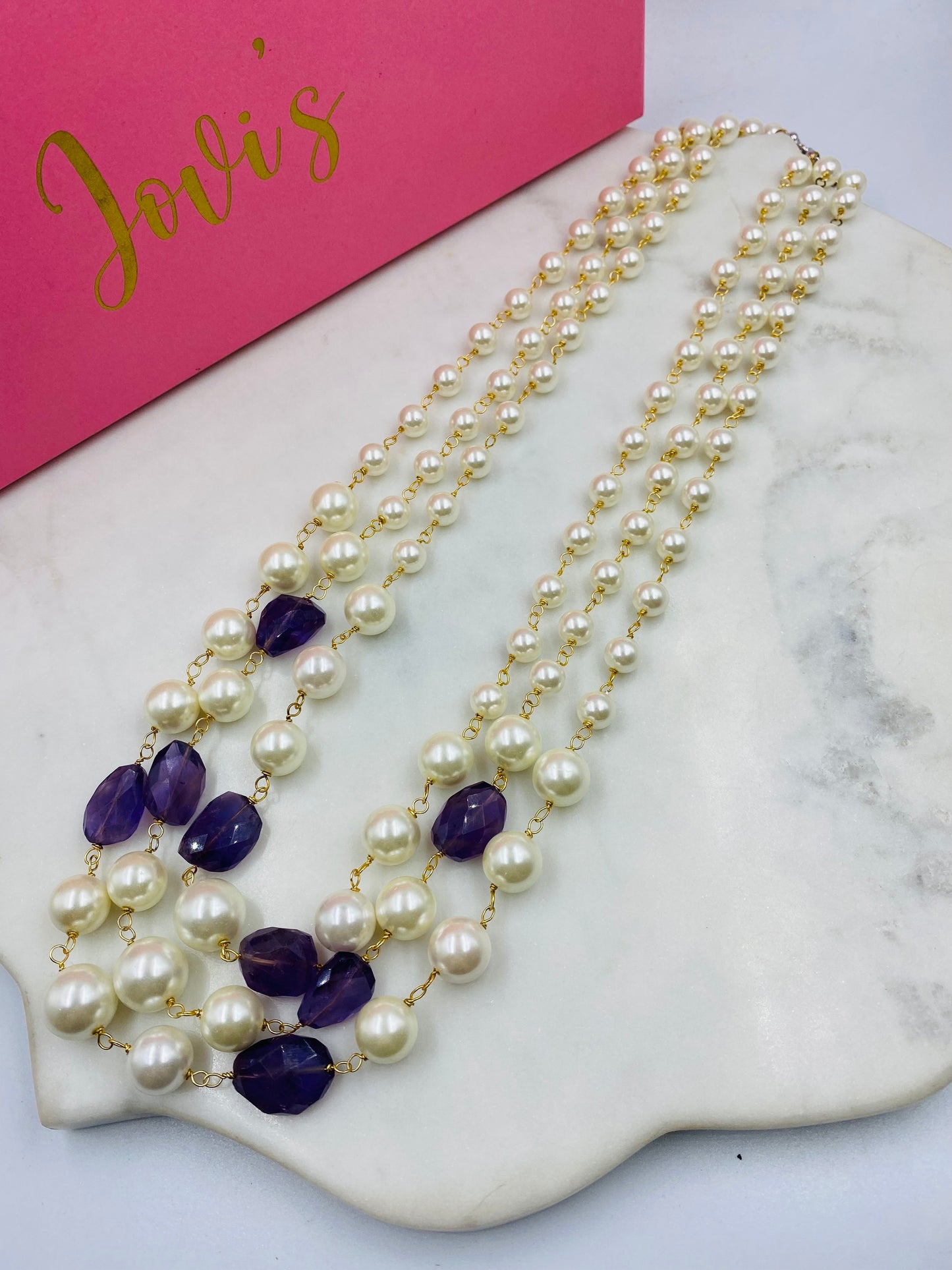 Shell Pearls and Amethyst Triple Line Necklace