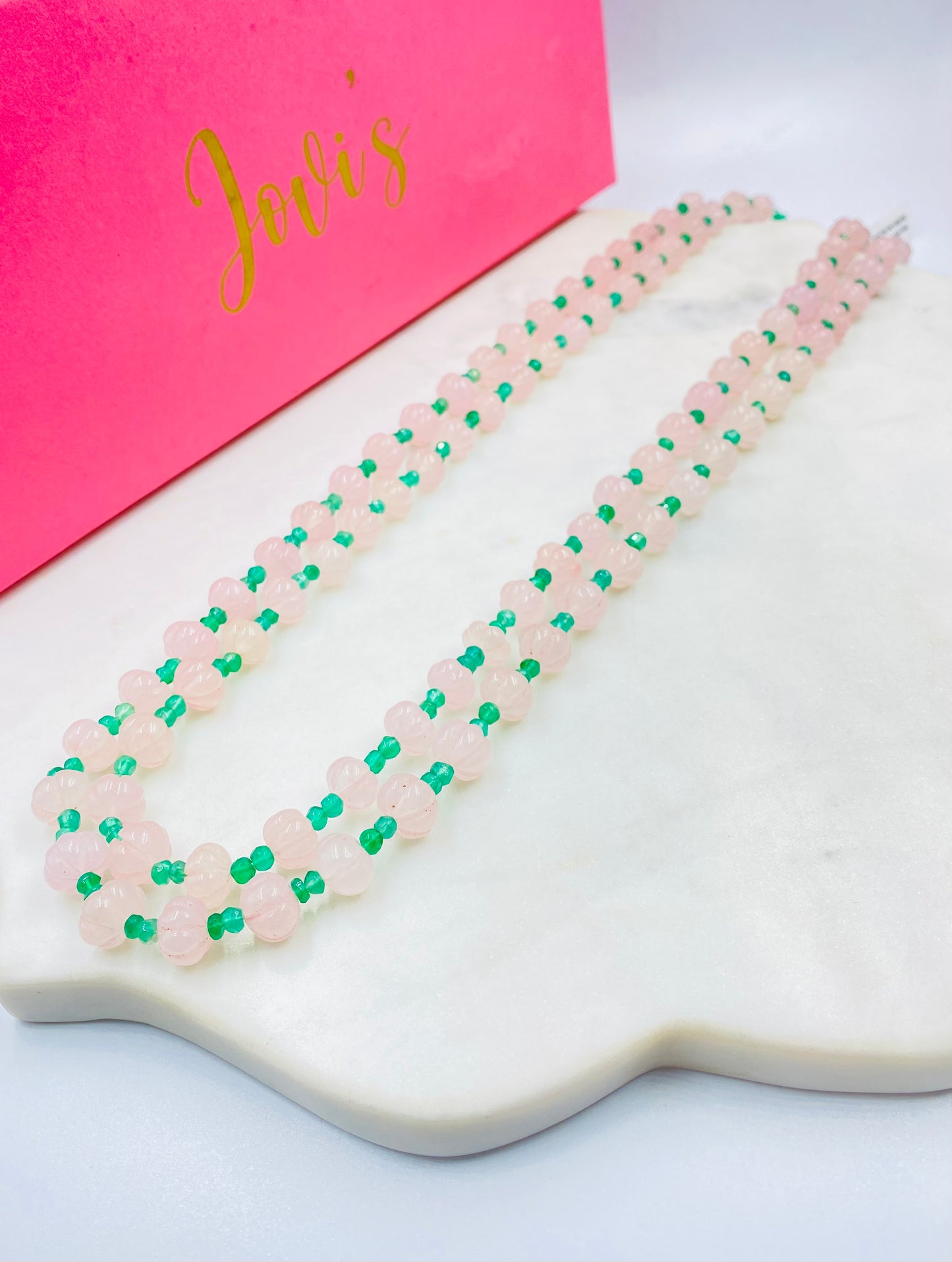 Rose Quartz Melon and Green Onyx Double Line Necklace