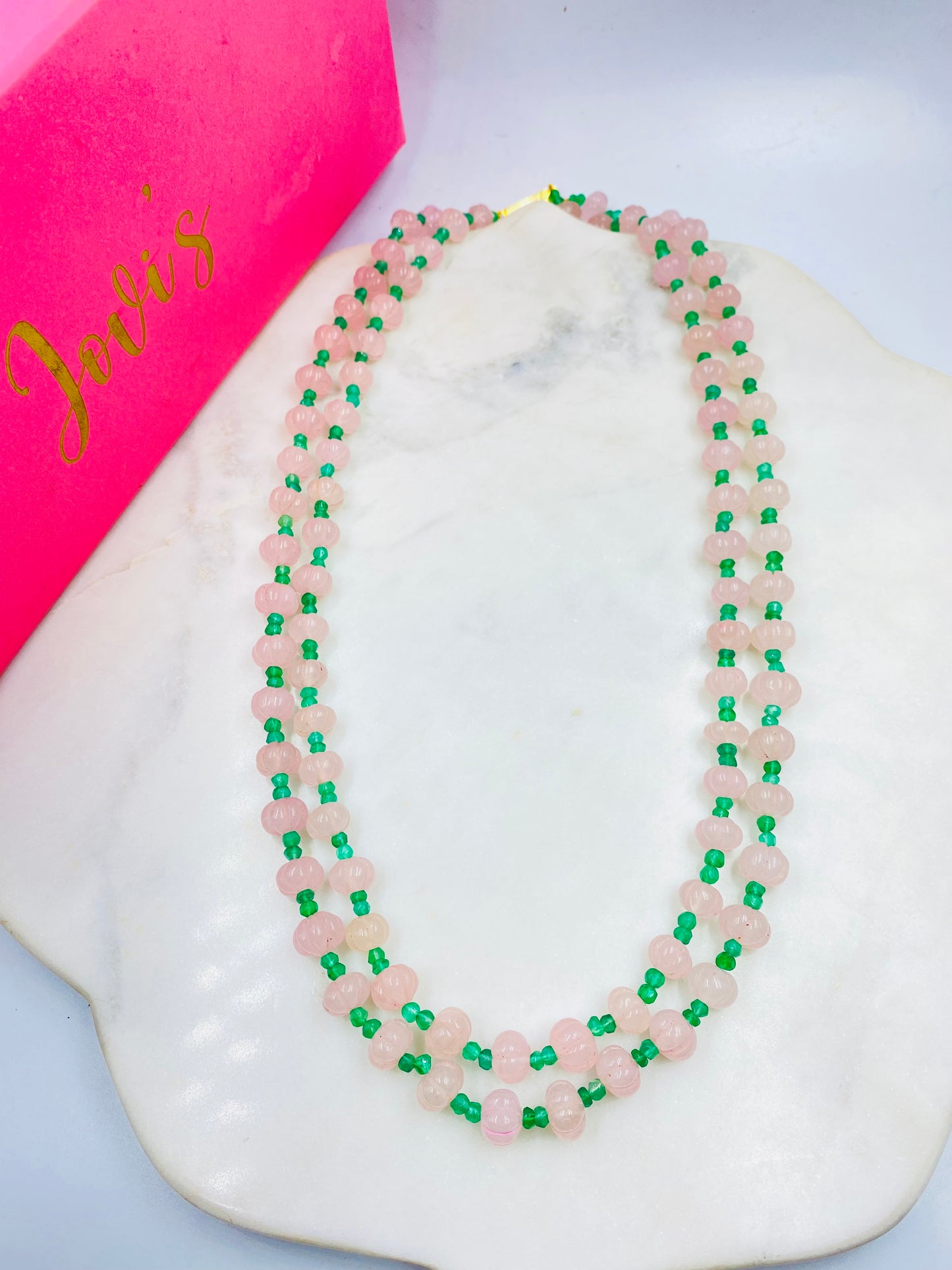 Rose Quartz Melon and Green Onyx Double Line Necklace