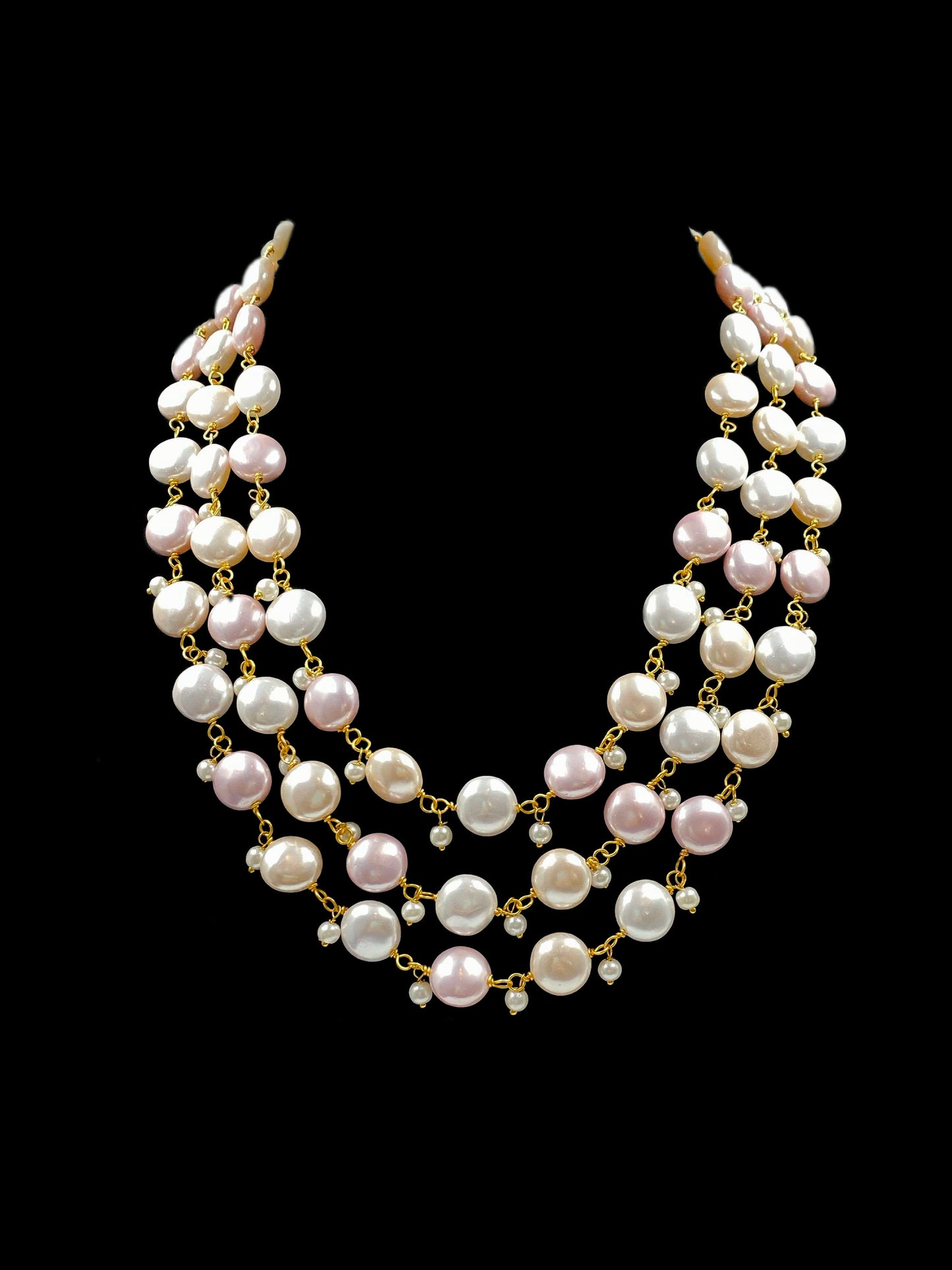 Triple Line Pink and White Shell Pearl Necklace