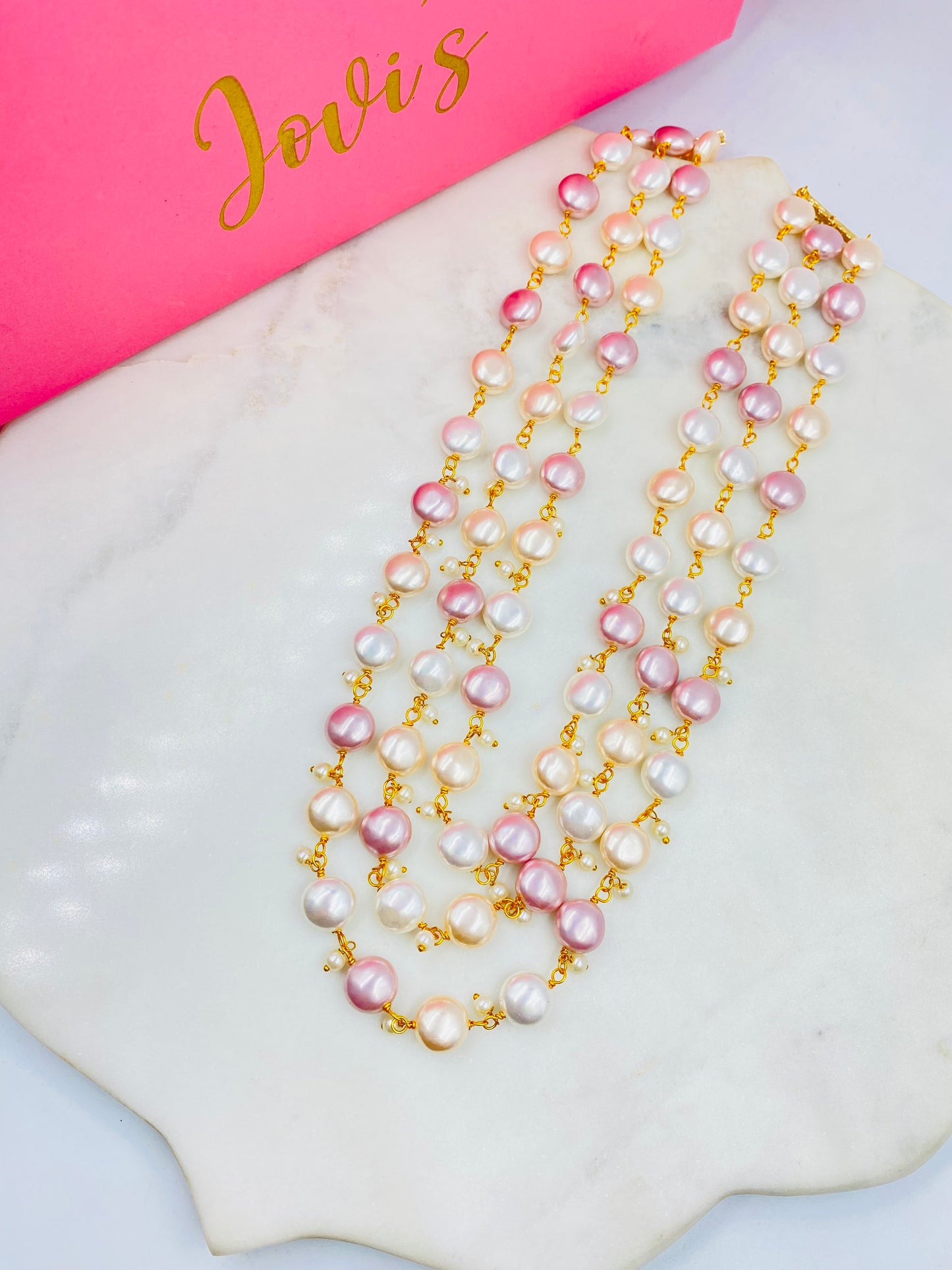 Triple Line Pink and White Shell Pearl Necklace