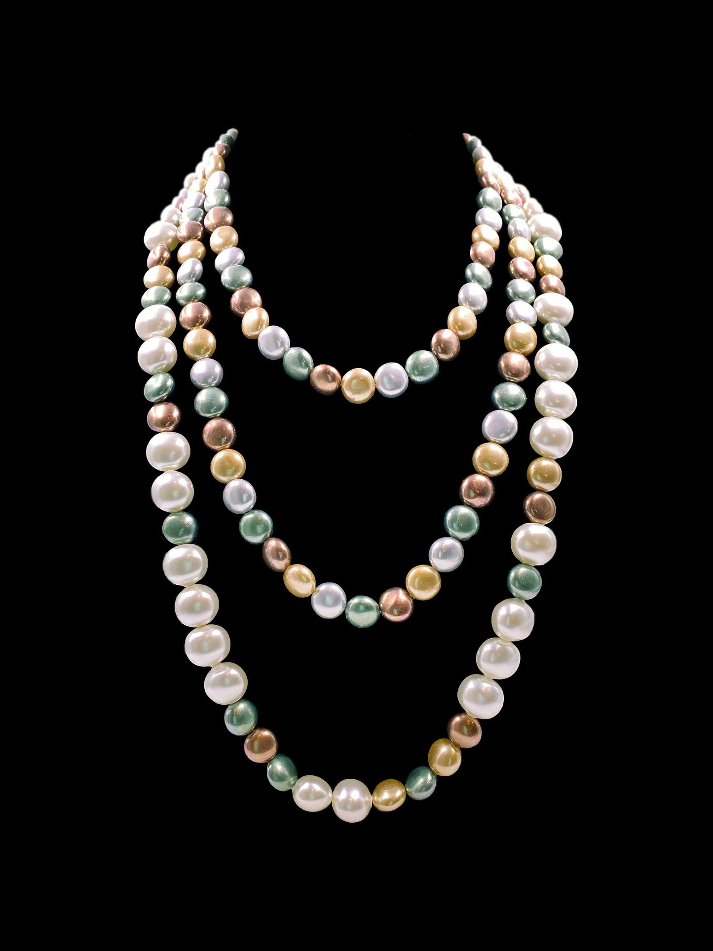 Triple Line White and Multicolor Shell Pearl Necklace