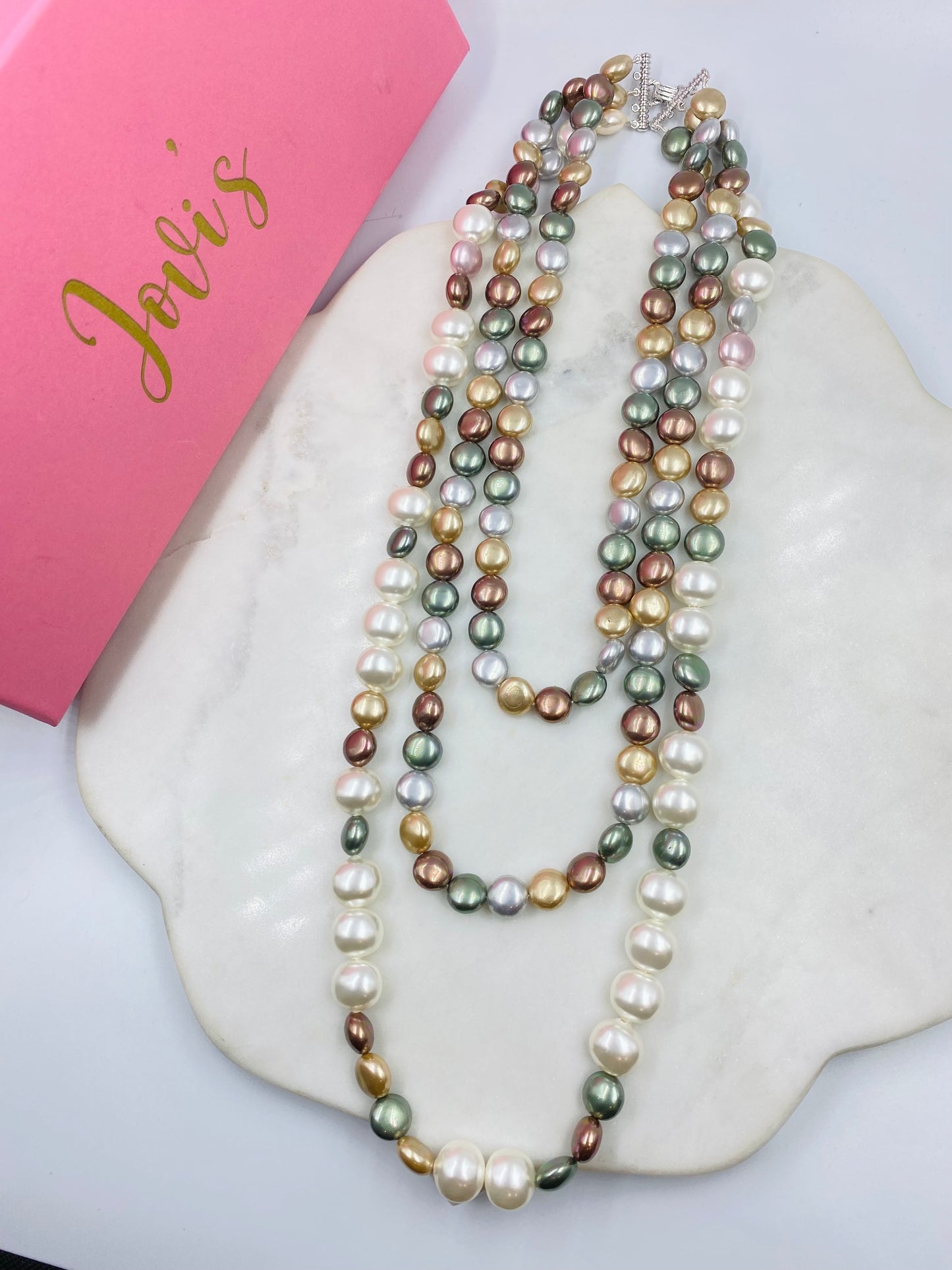 Triple Line White and Multicolor Shell Pearl Necklace