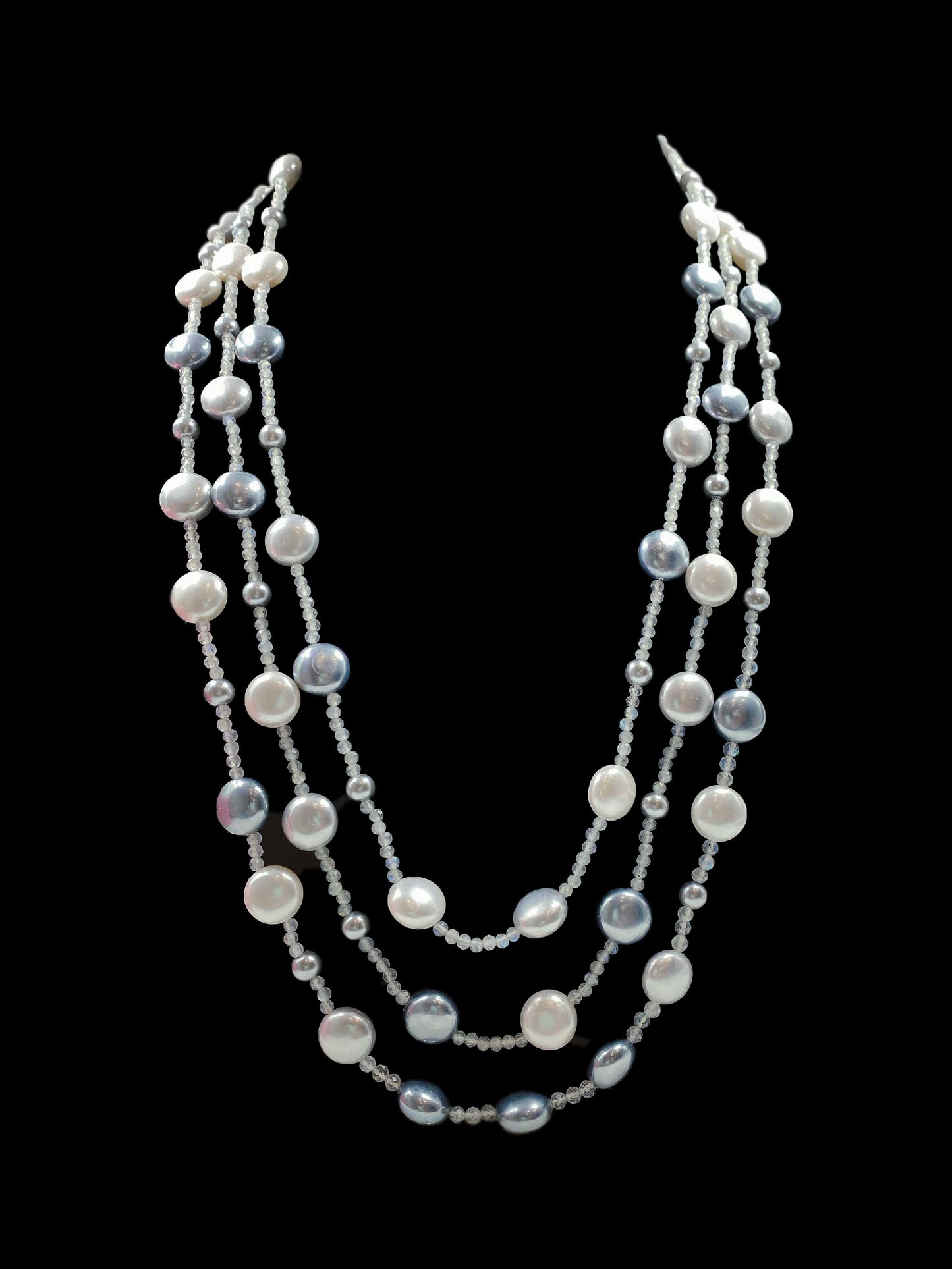 Triple Line Grey, White Shell Pearl and Labradorite Necklace