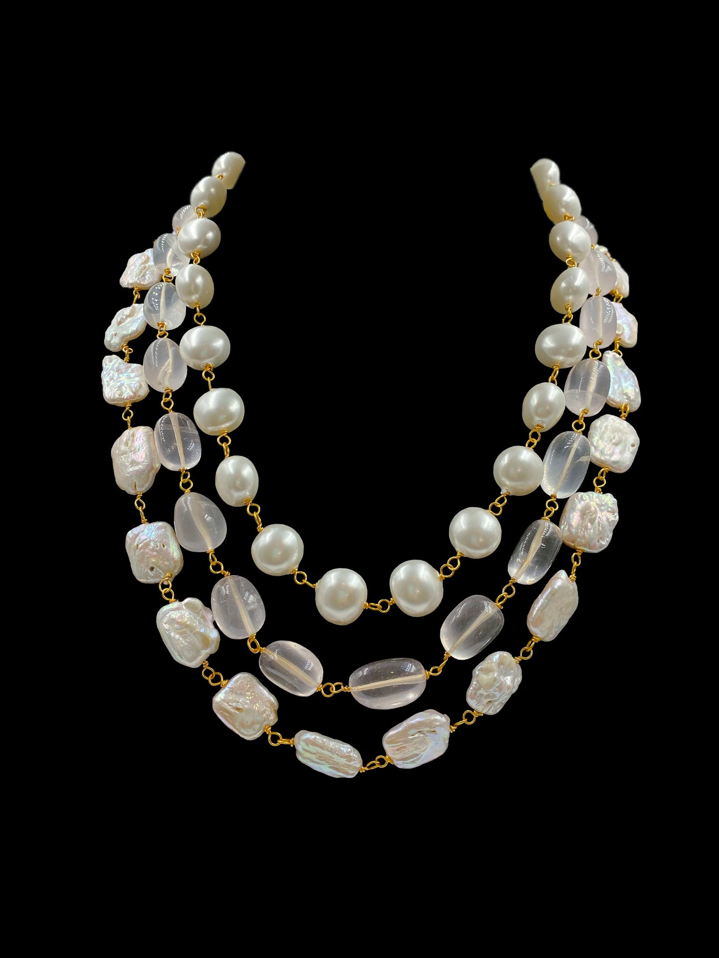 Triple Line Shell Pearl and Rose Quartz Necklace