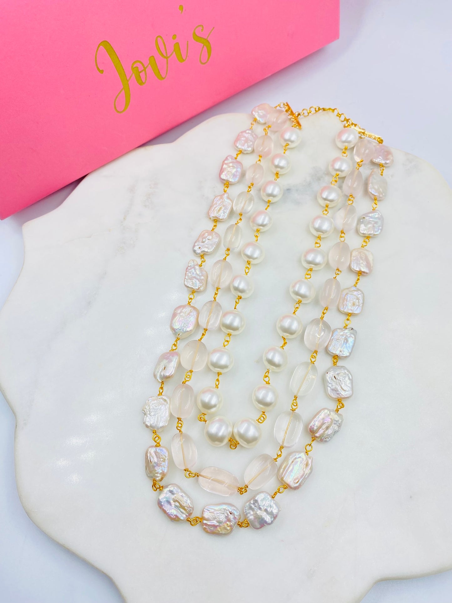 Triple Line Shell Pearl and Rose Quartz Necklace