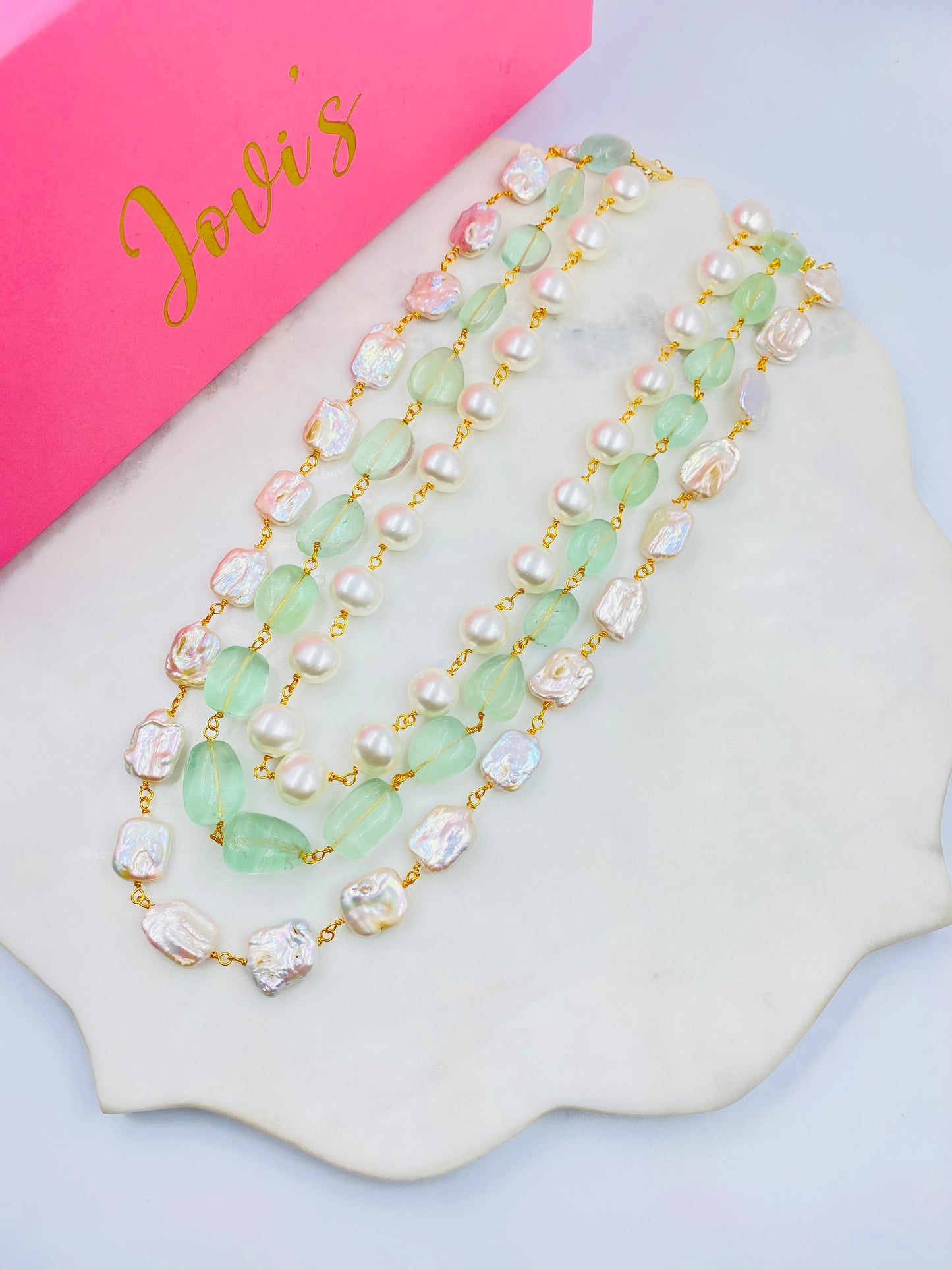 Triple Line Freshwater Pearl, Shell Pearl and Flouride Necklace