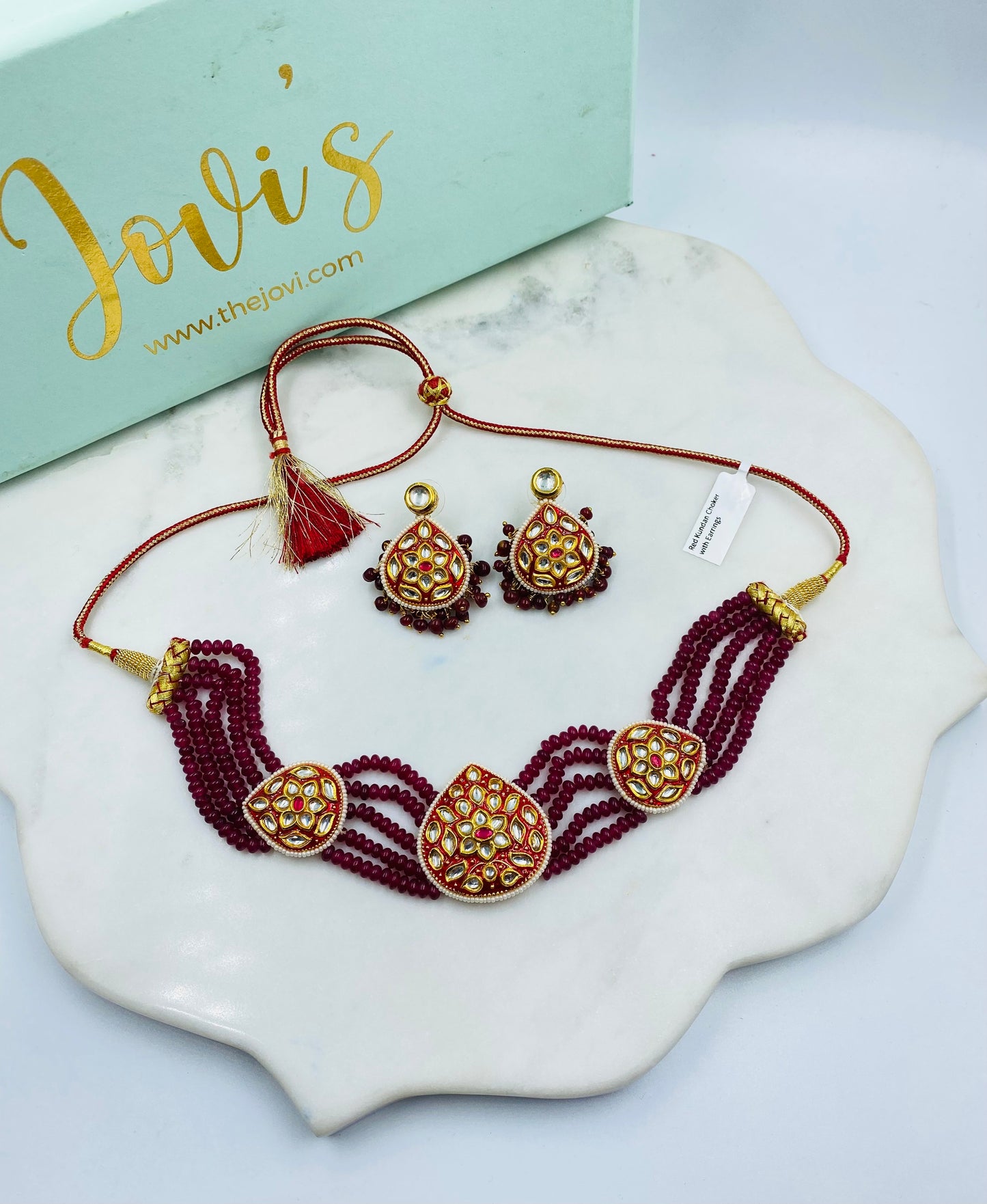 Traditional Red Kundan Choker with Earrings