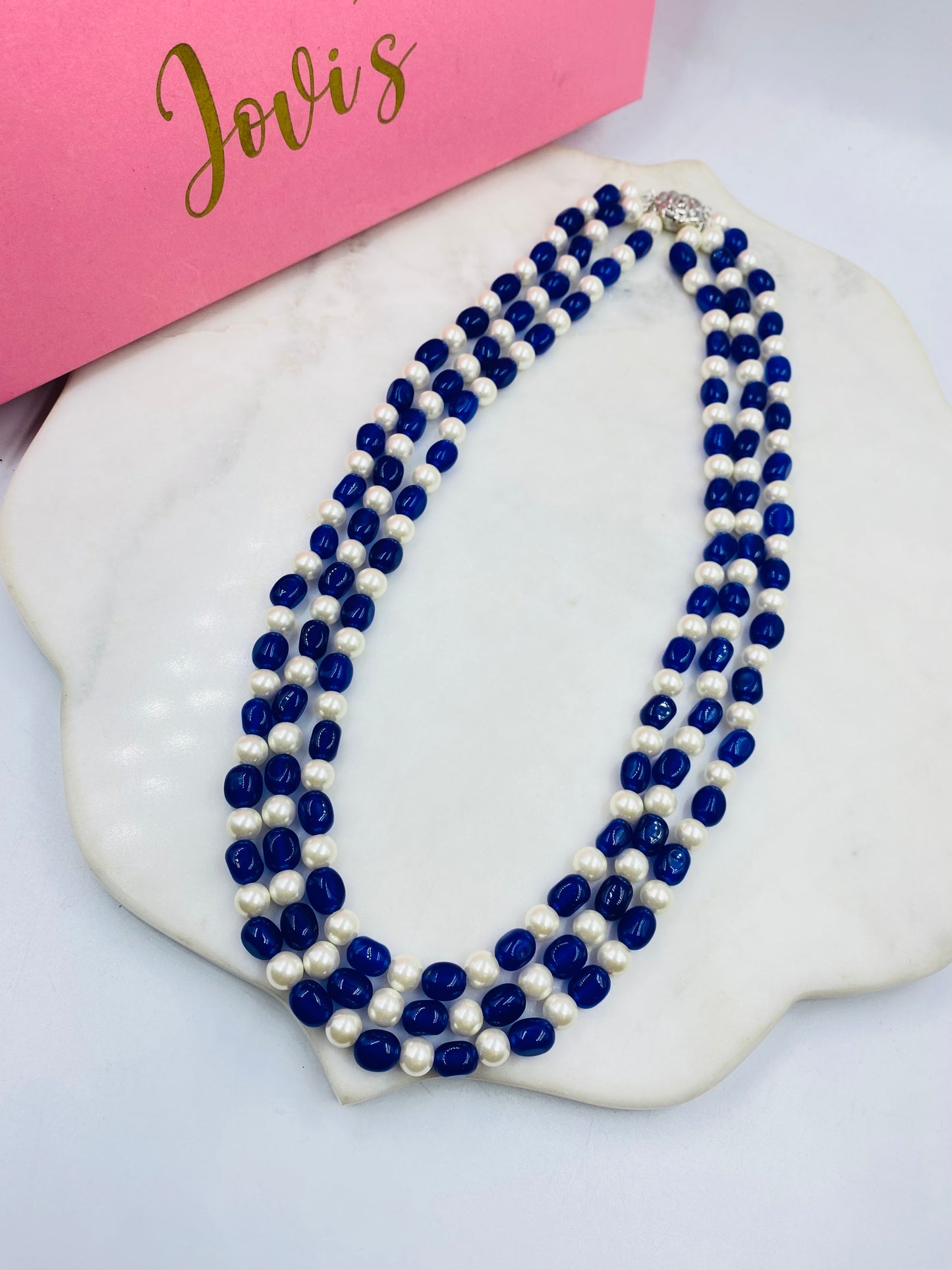 Triple Line Blue Quartz and Pearl Necklace